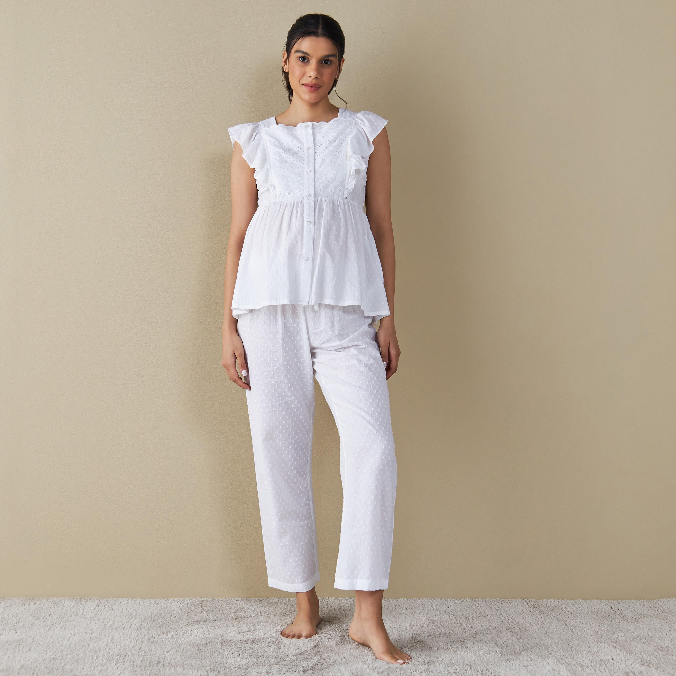 طقم بنطلون بيجاما وبلوزة للحوامل بدون أكمام وبكشكش-women-clothing-nightwear-pyjamas-longsets-image-1