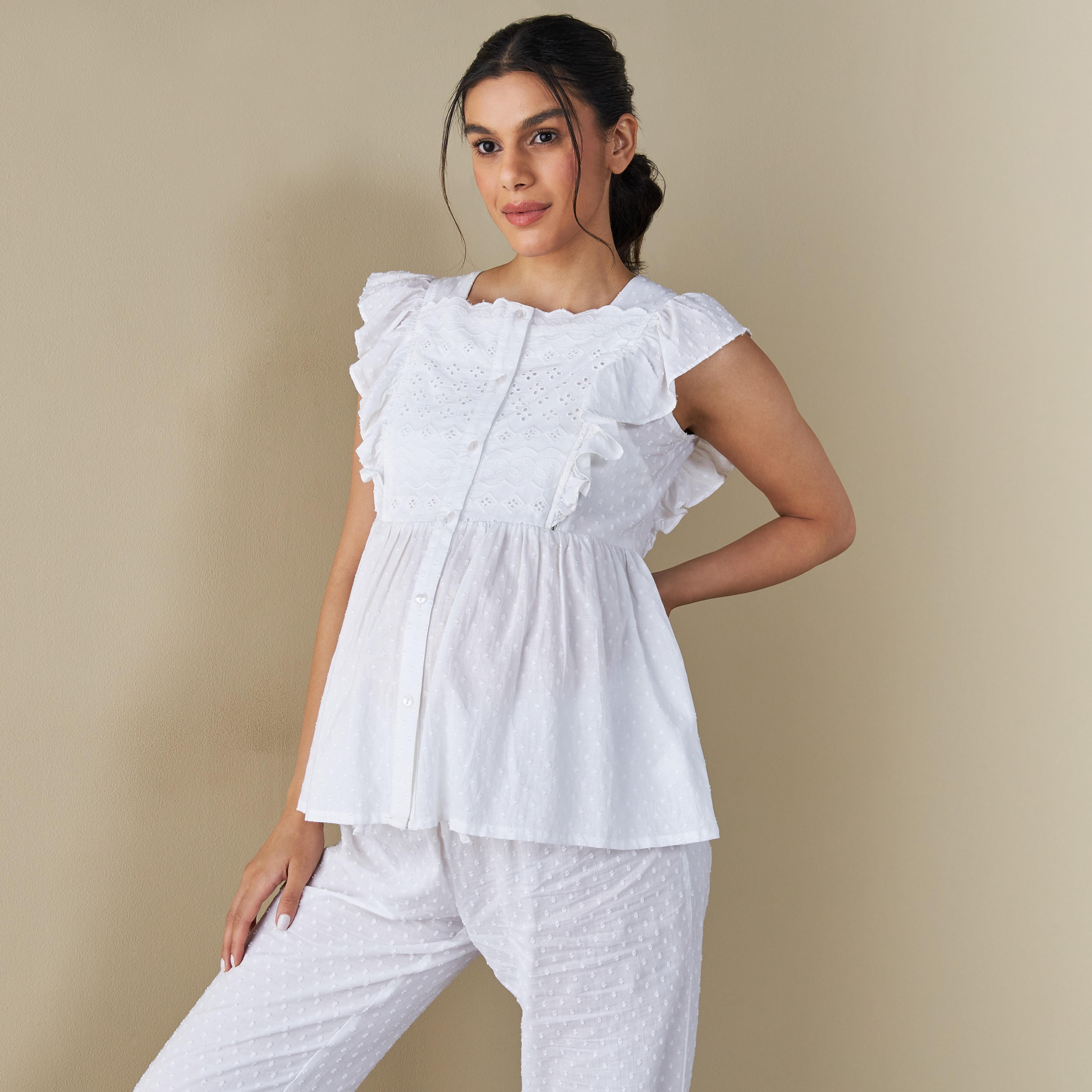 طقم بنطلون بيجاما وبلوزة للحوامل بدون أكمام وبكشكش-women-clothing-nightwear-pyjamas-longsets-image-2