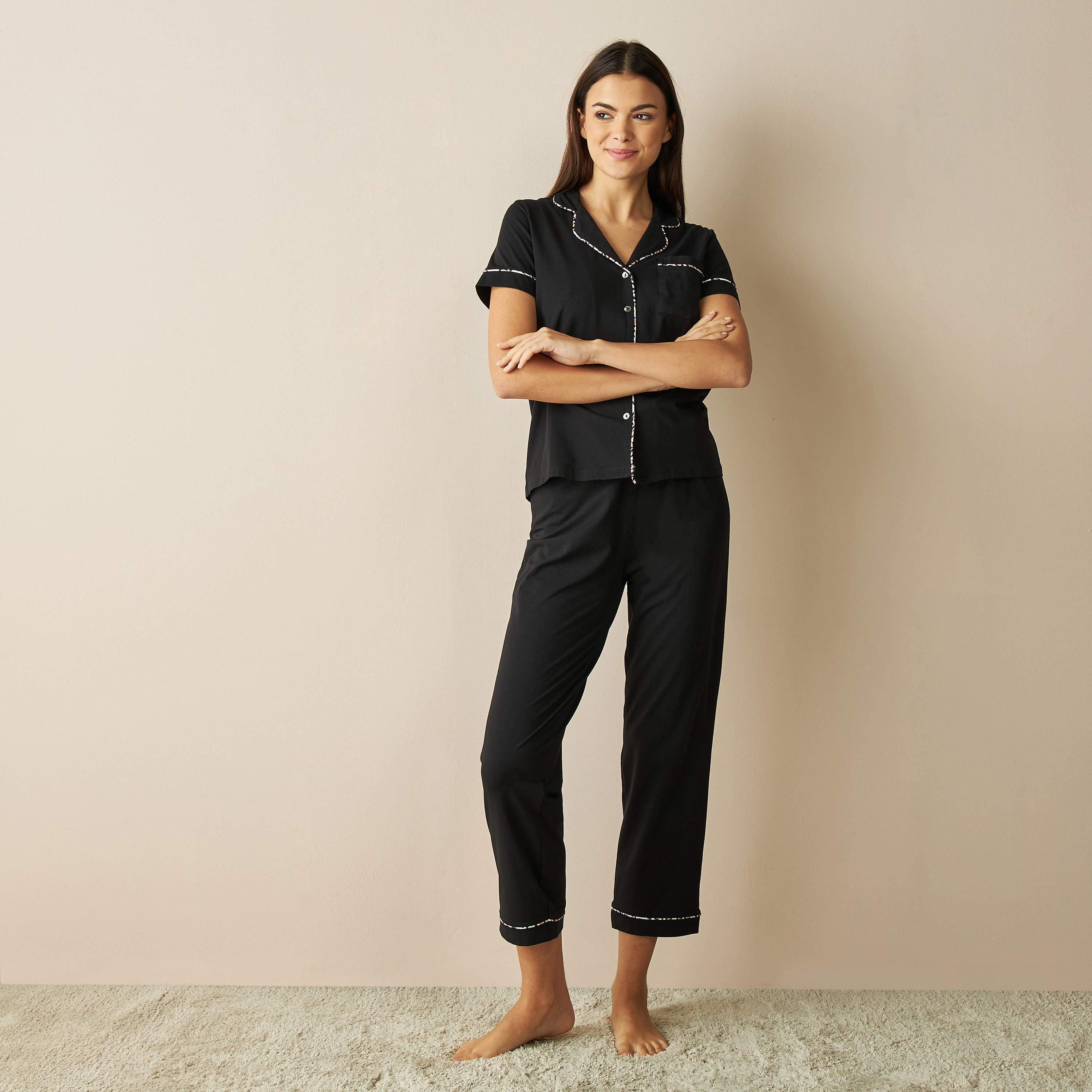 Solid Short Sleeves Shirt and Pyjama Set-women-clothing-nightwear-pyjamas-longsets-image-2