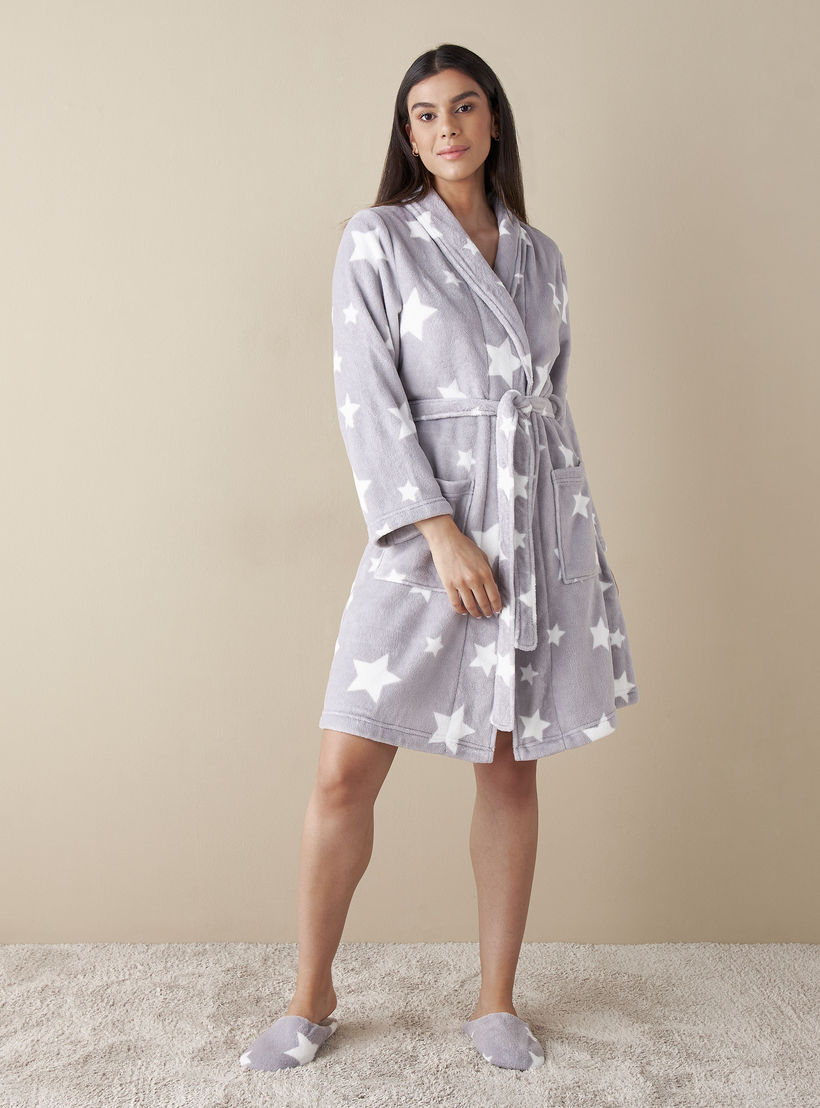 طقم حذاء غرفة نوم ميول وروب نوم بحزام وطبعات نجوم-women-clothing-nightwear-robes-image-1