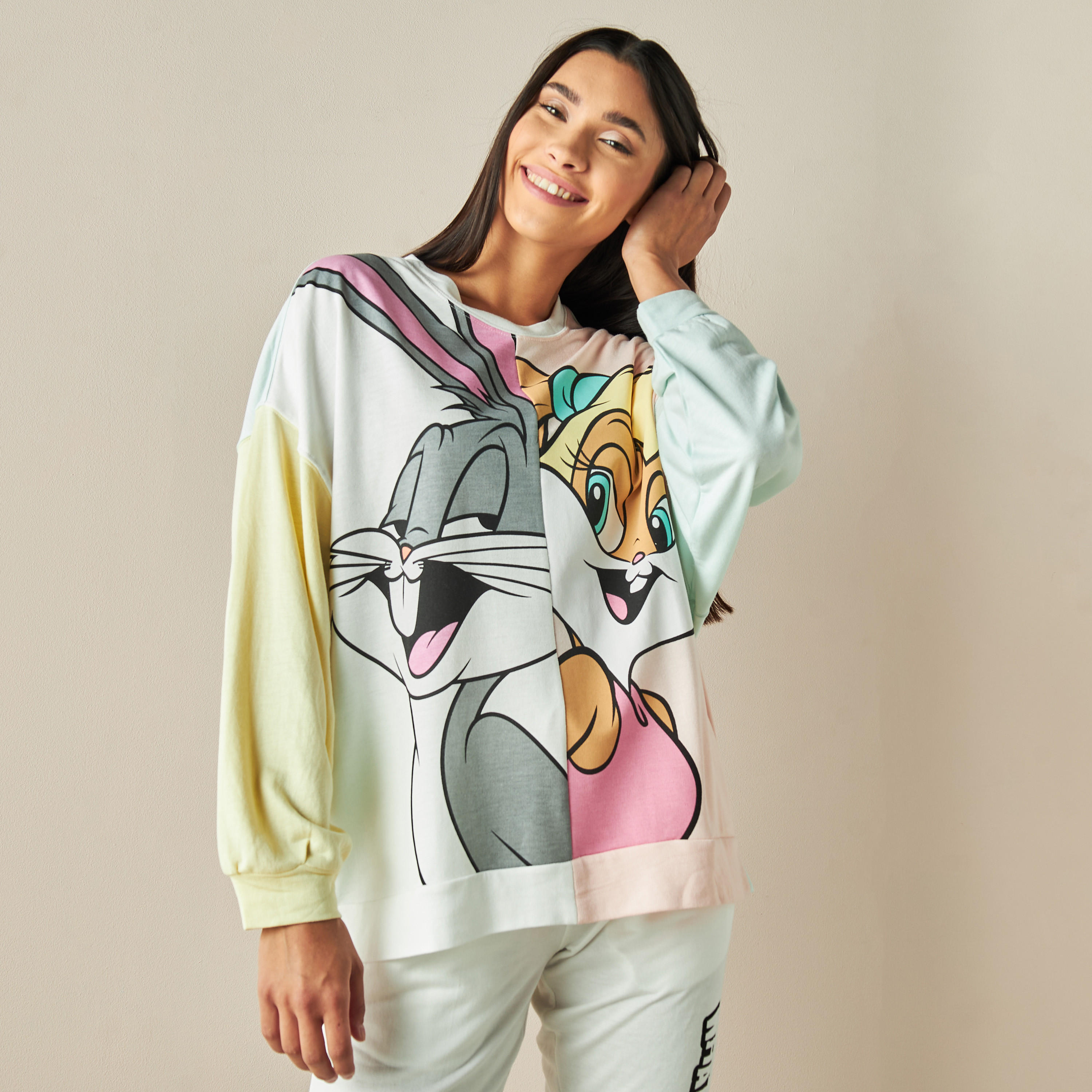 طقم بنطلون بيجاما وتيشيرت قوالب ملونة بطبعات-women-clothing-nightwear-pyjamas-longsets-image-3