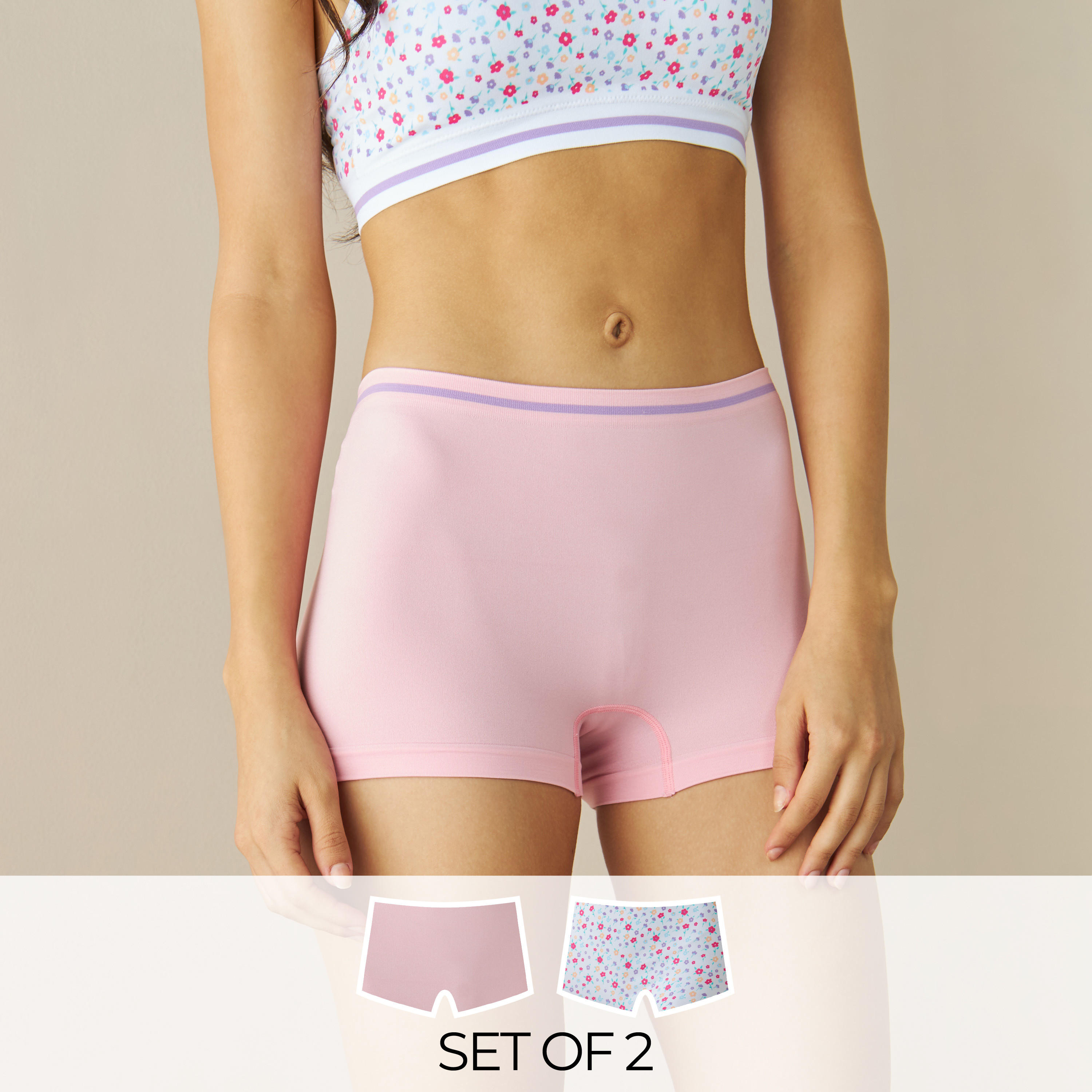 سروال بوي شورت بخصر مطاطي - طقم من قطعتين متنوعتين-women-clothing-lingerie-panties-image-1
