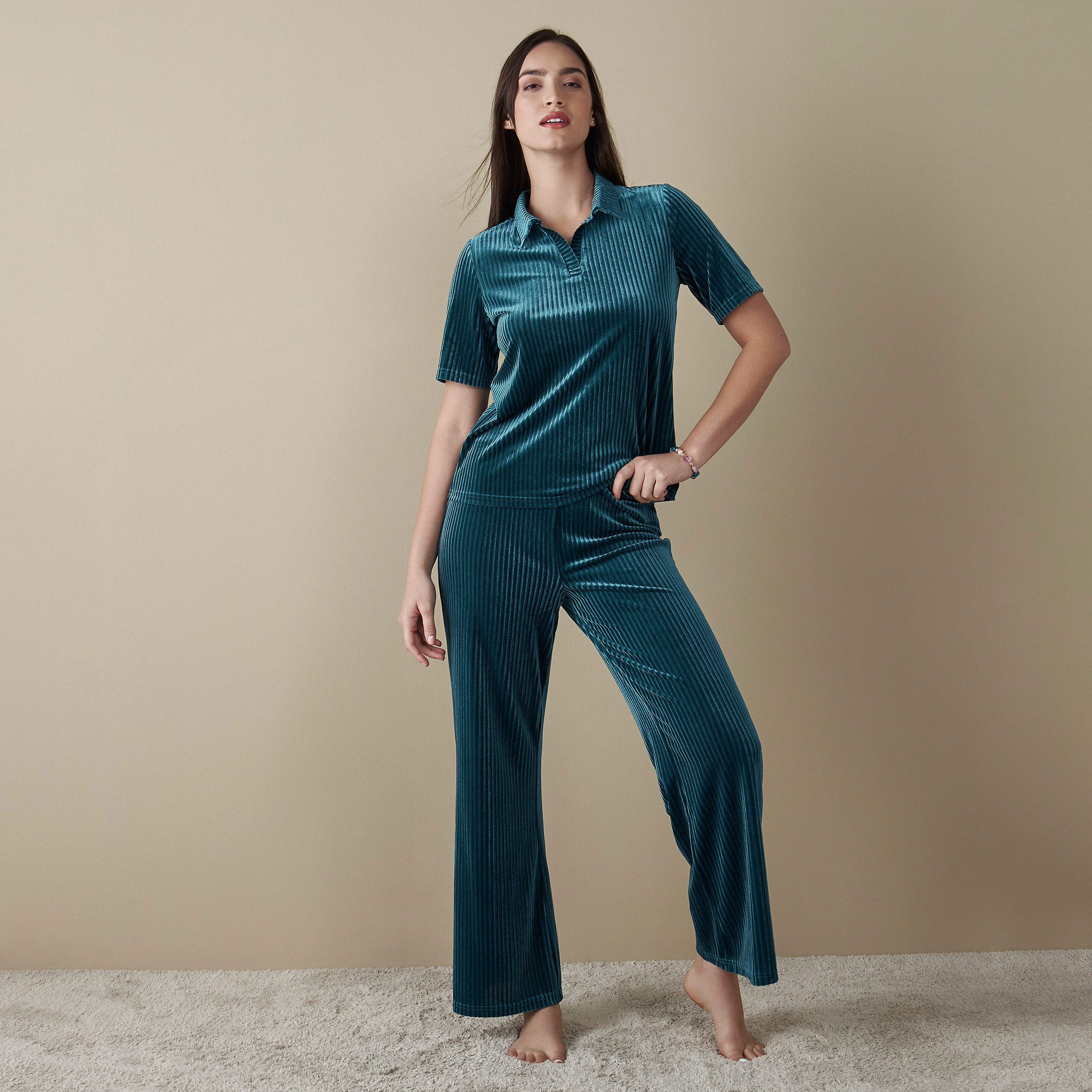 Ribbed Collared T-shirt and Pyjama Set-women-clothing-nightwear-pyjamas-longsets-image-1