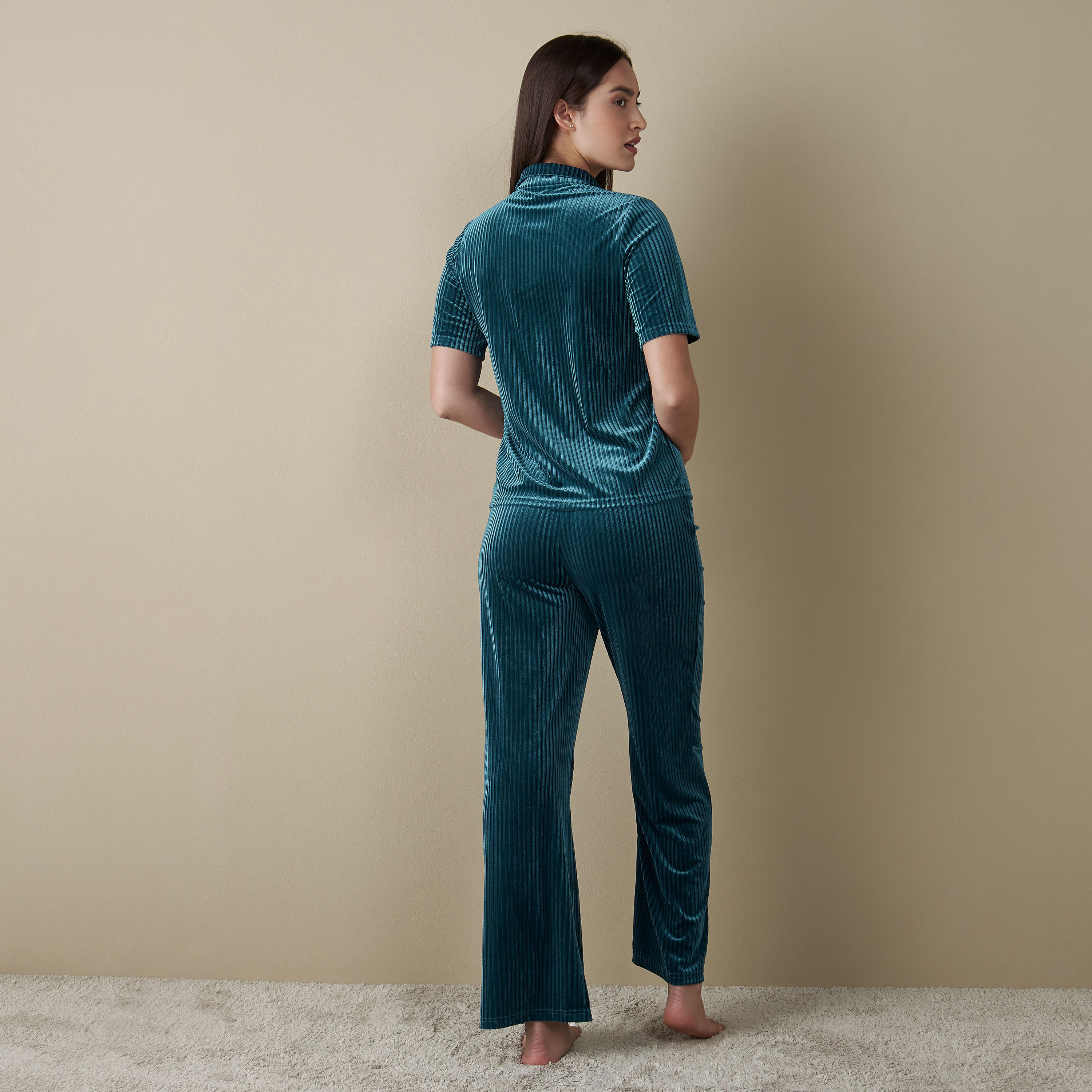 Ribbed Collared T-shirt and Pyjama Set-women-clothing-nightwear-pyjamas-longsets-image-2