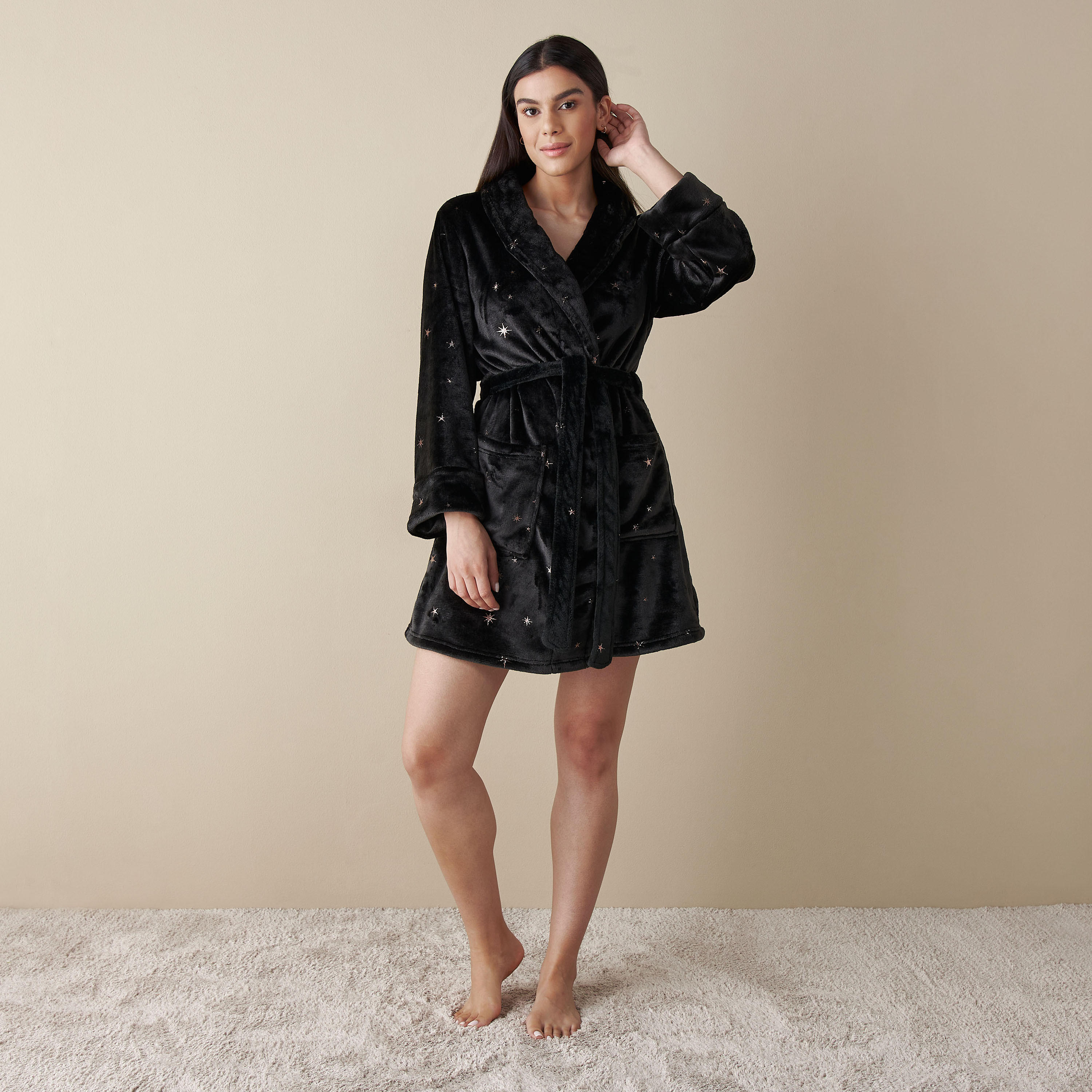 روب نوم بحزام ربط وجيوب وتطريز نجوم-women-clothing-nightwear-robes-image-2