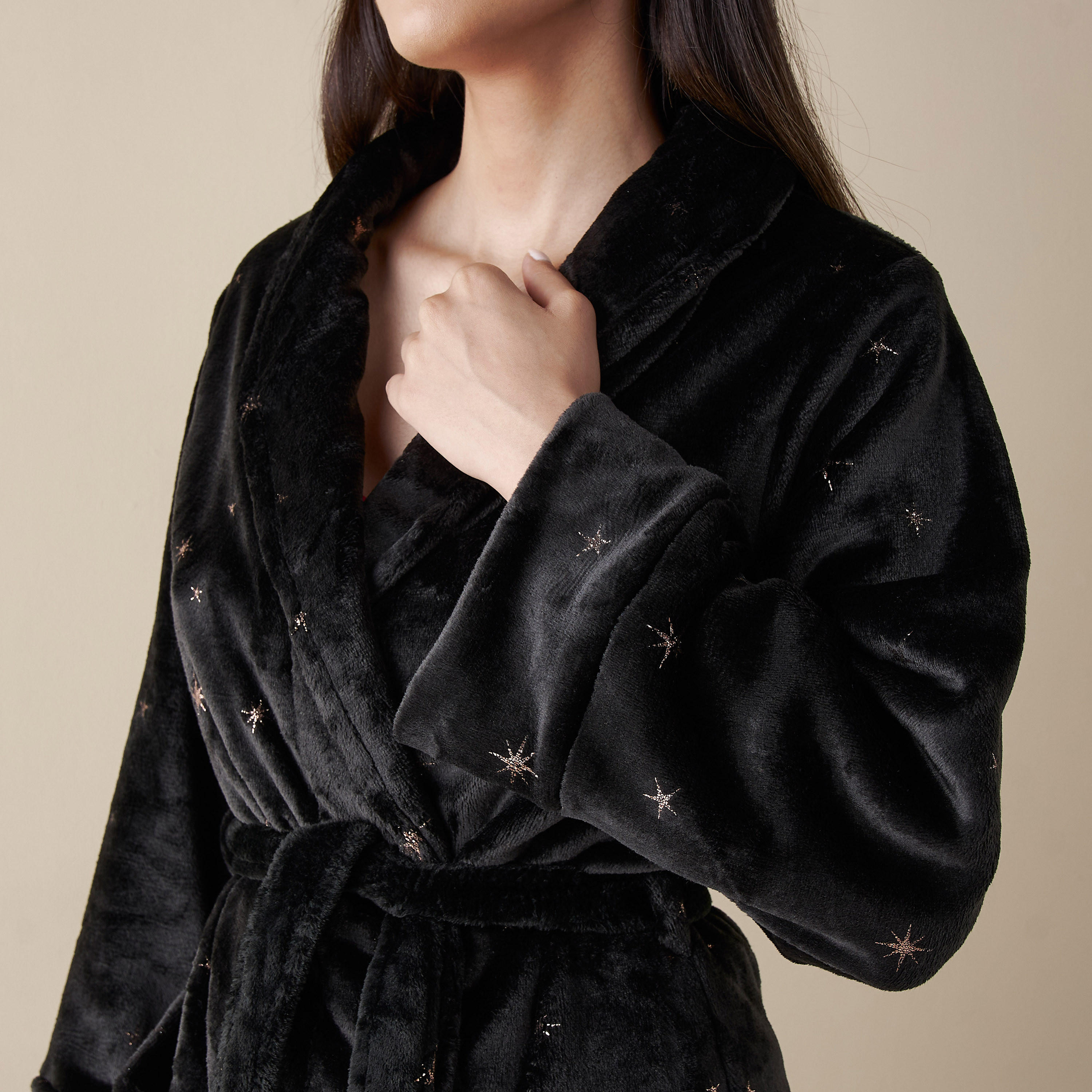 روب نوم بحزام ربط وجيوب وتطريز نجوم-women-clothing-nightwear-robes-image-4