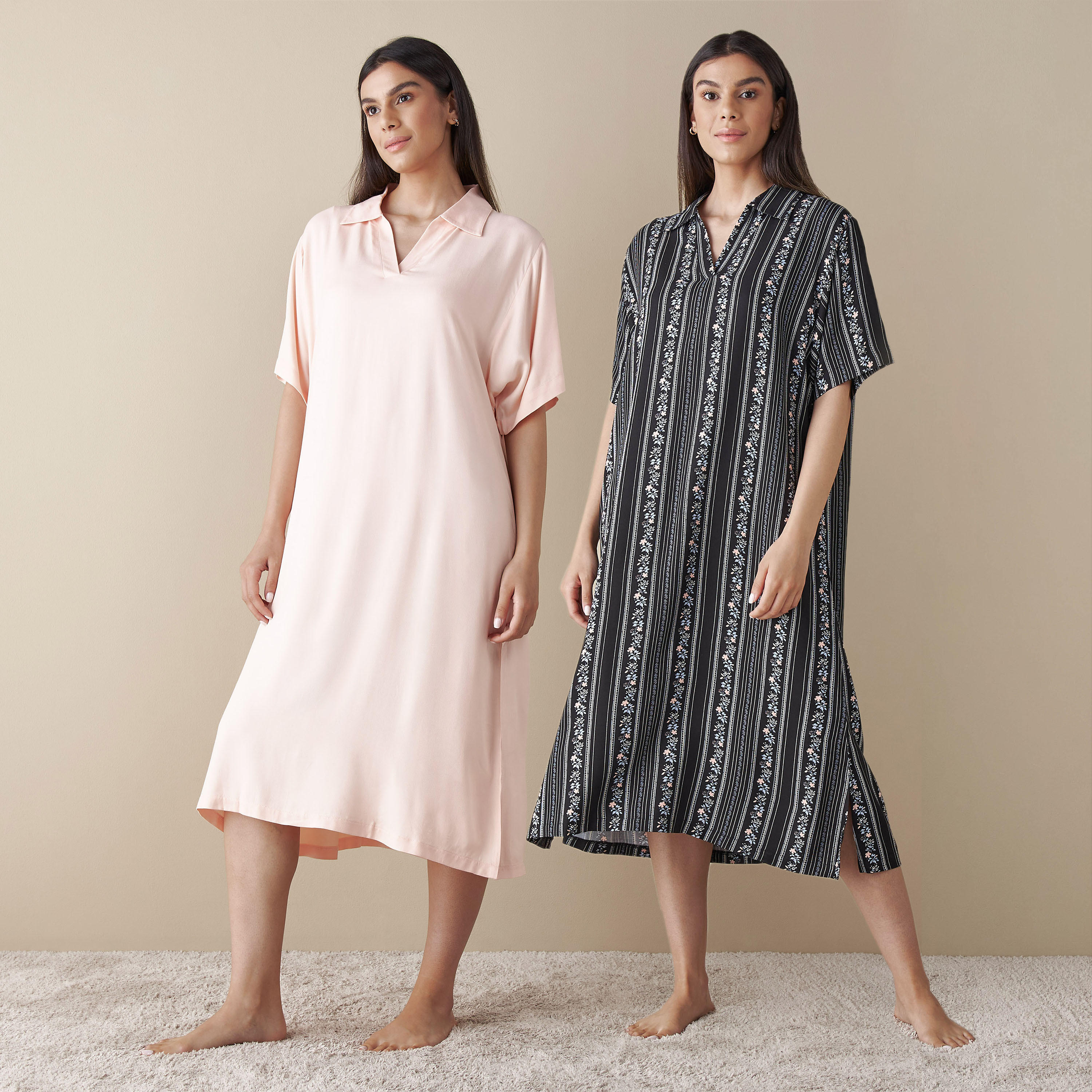 قميص نوم بياقة وأكمام قصيرة - قطعتين-women-clothing-nightwear-nighties-image-1
