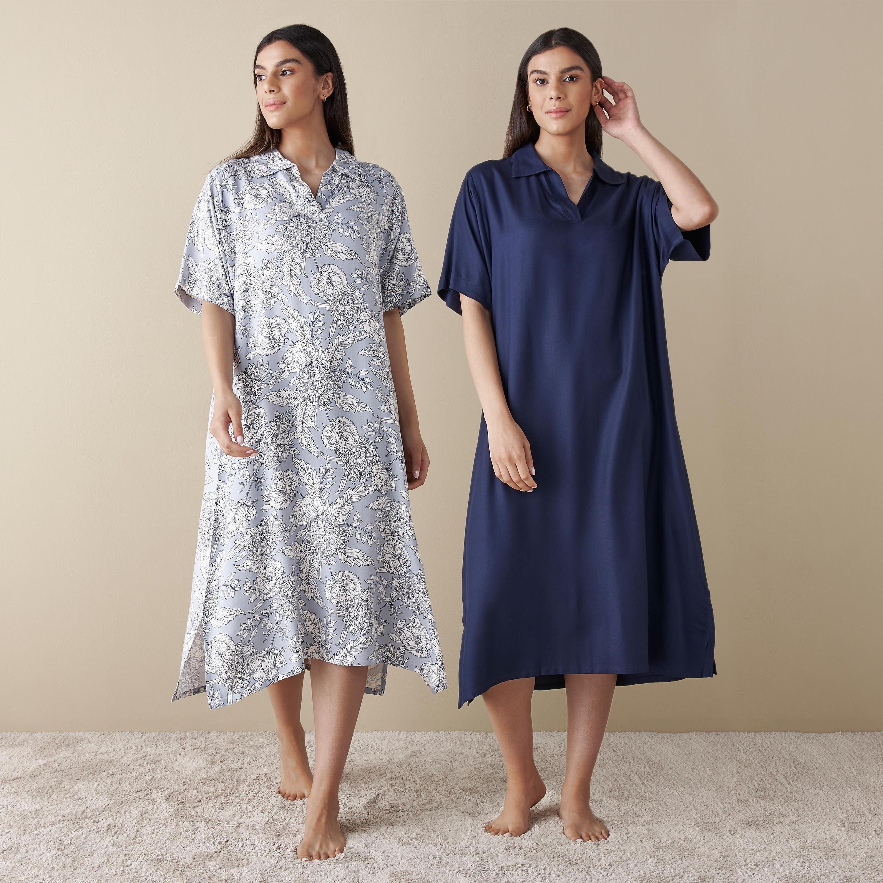 Set of 2 - Printed Night Gown with Collar and Short Sleeves-women-clothing-nightwear-nighties-image-1