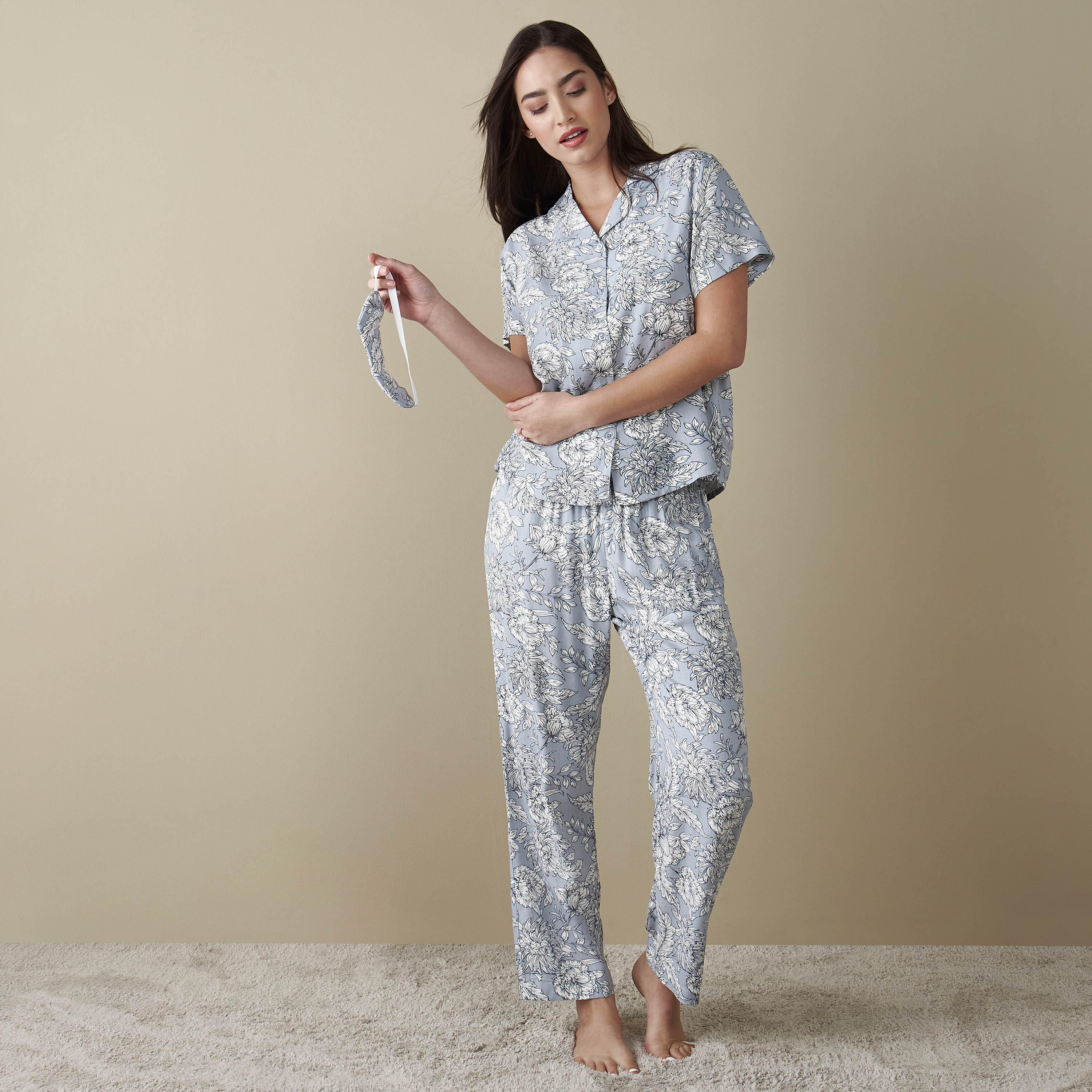 طقم بنطلون بيجاما وقميص بطبعات أزهار-women-clothing-nightwear-pyjamas-longsets-image-1
