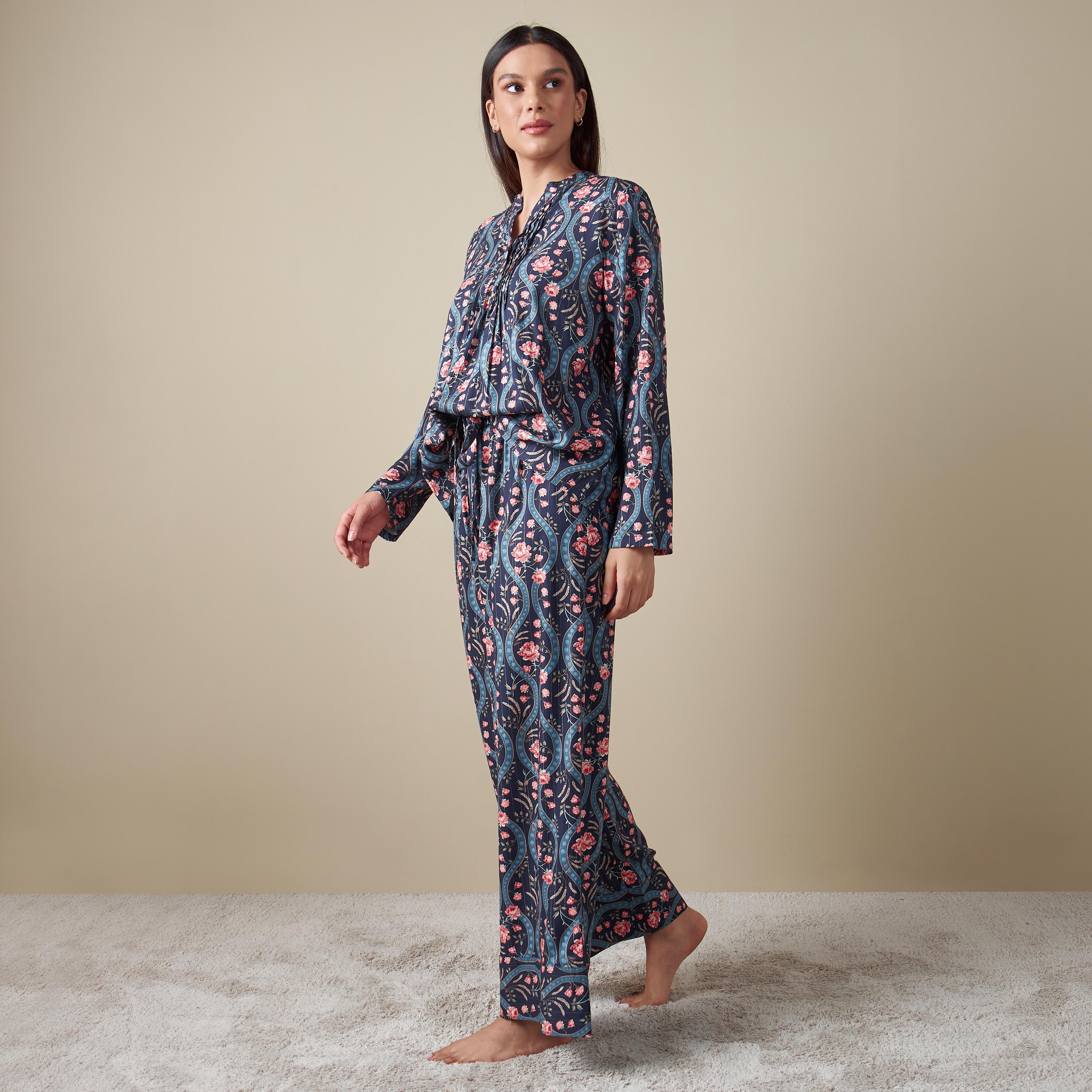 طقم بنطلون بيجاما وبلوزة بطبعات زهرية-women-clothing-nightwear-pyjamas-longsets-image-2
