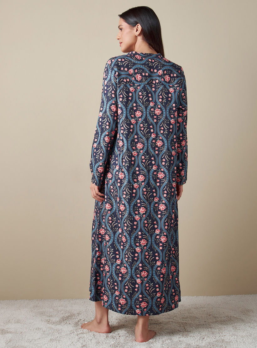 ثوب نوم بياقة مفتوحة وأكمام طويلة وطبعات أزهار-women-clothing-nightwear-nighties-image-2