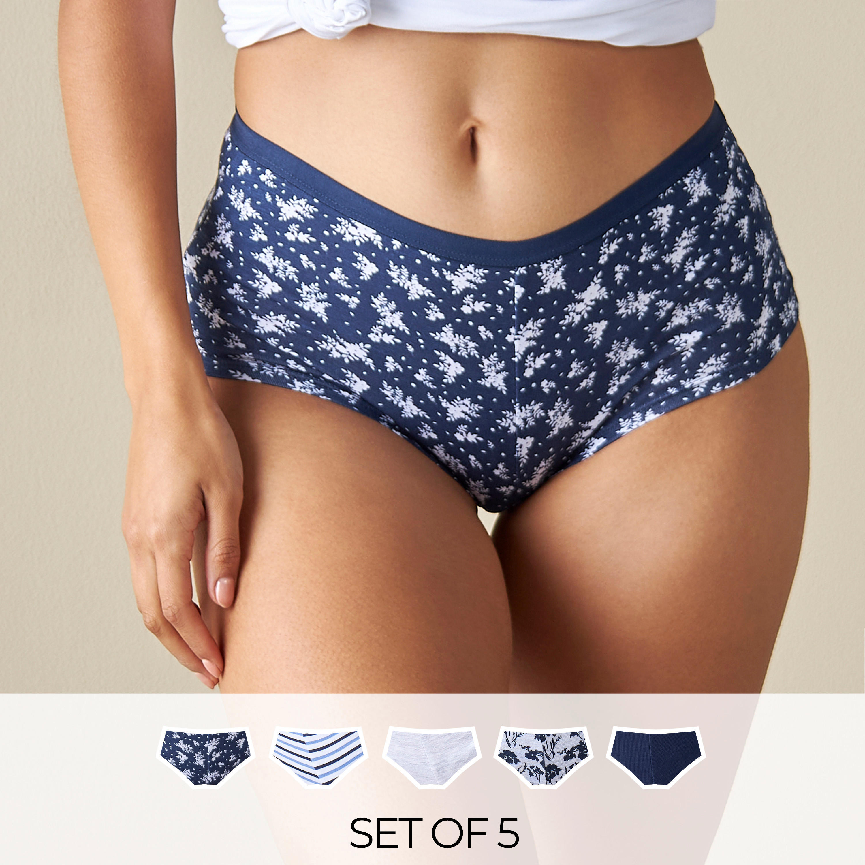 سراويل بوي شورت بخصر مطّاطي - طقم من 5 قطع متنوعة-women-clothing-lingerie-panties-image-1