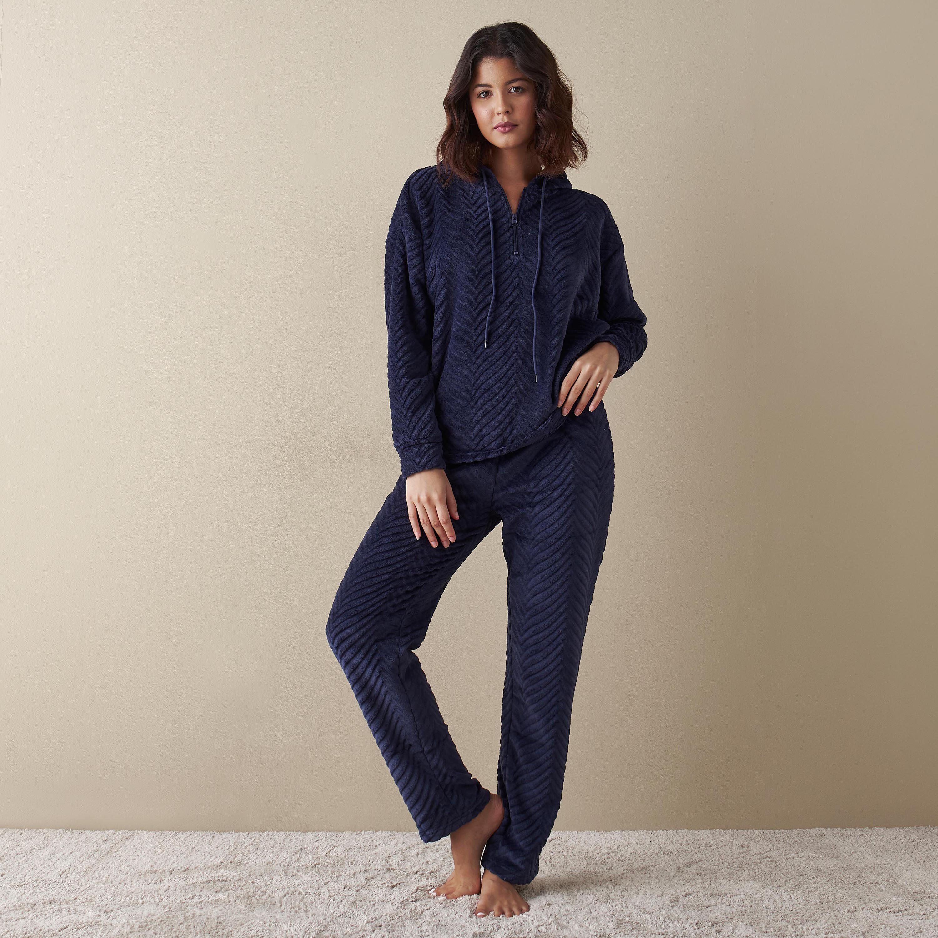 طقم بنطلون رياضي وهودي بارز الملمس بسحاب-women-clothing-nightwear-pyjamas-longsets-image-3