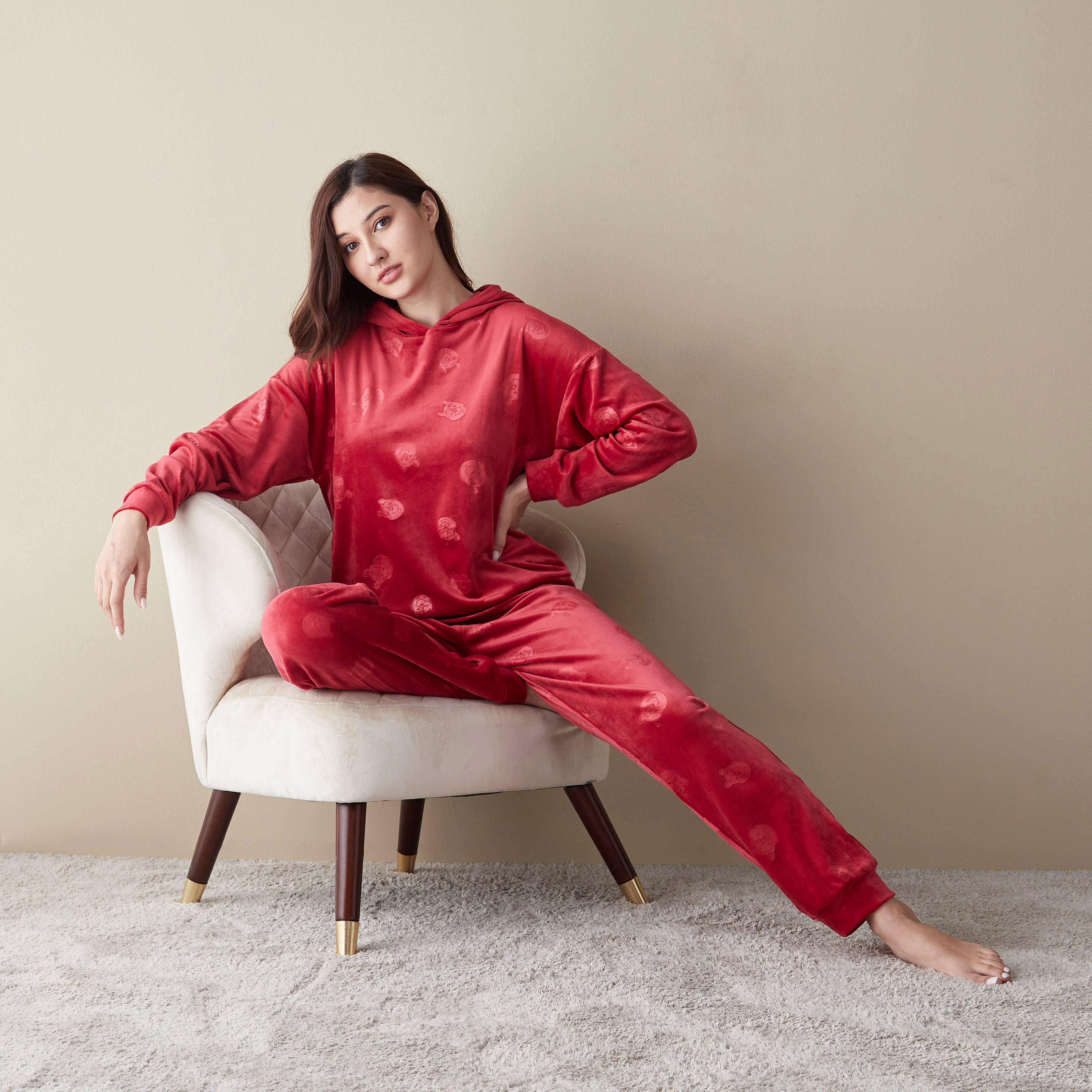 طقم بيجاما بأكمام بأكتاف منسدلة وسويت شيرت بارز الملمس بقبعة-women-clothing-nightwear-pyjamas-longsets-image-1