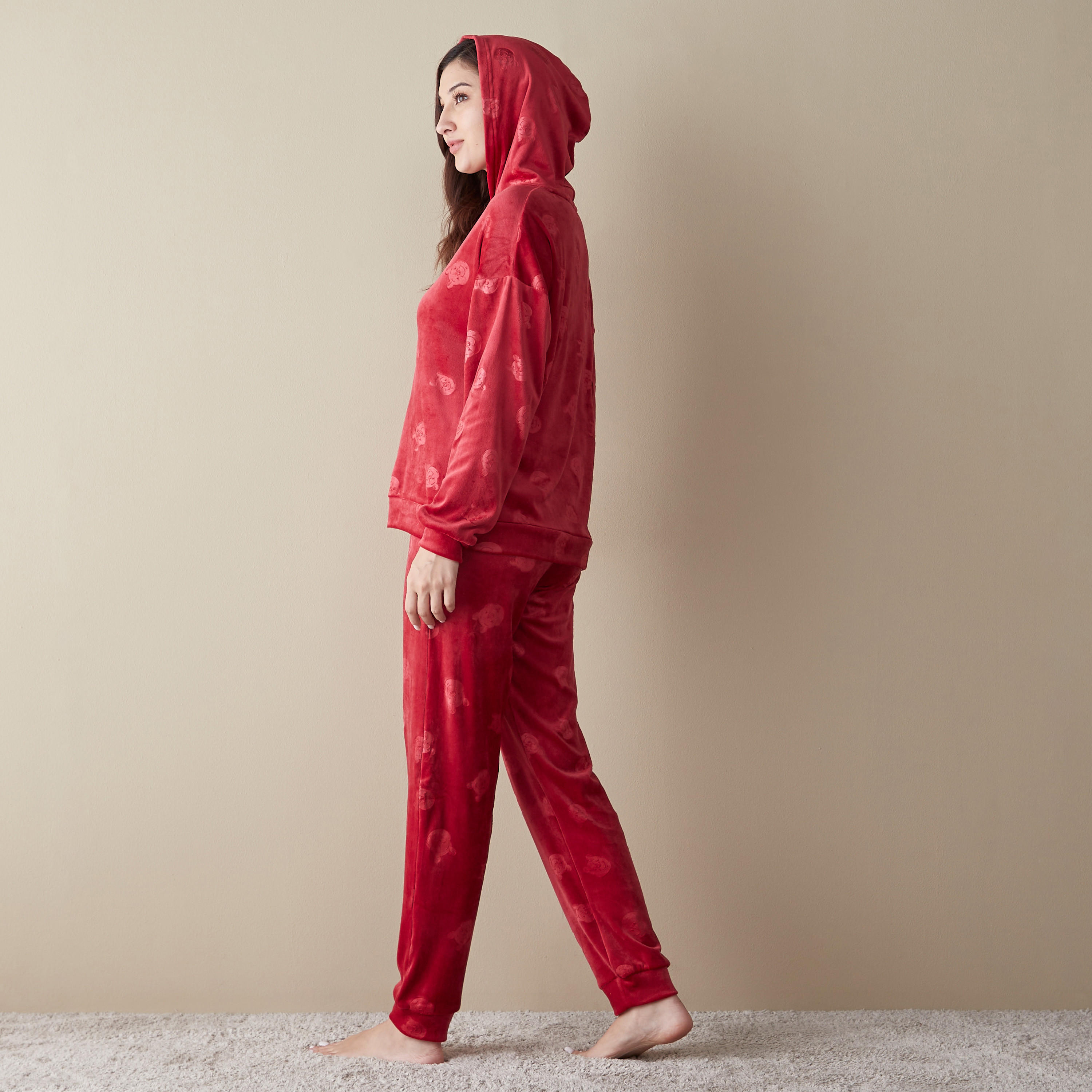 طقم بيجاما بأكمام بأكتاف منسدلة وسويت شيرت بارز الملمس بقبعة-women-clothing-nightwear-pyjamas-longsets-image-2