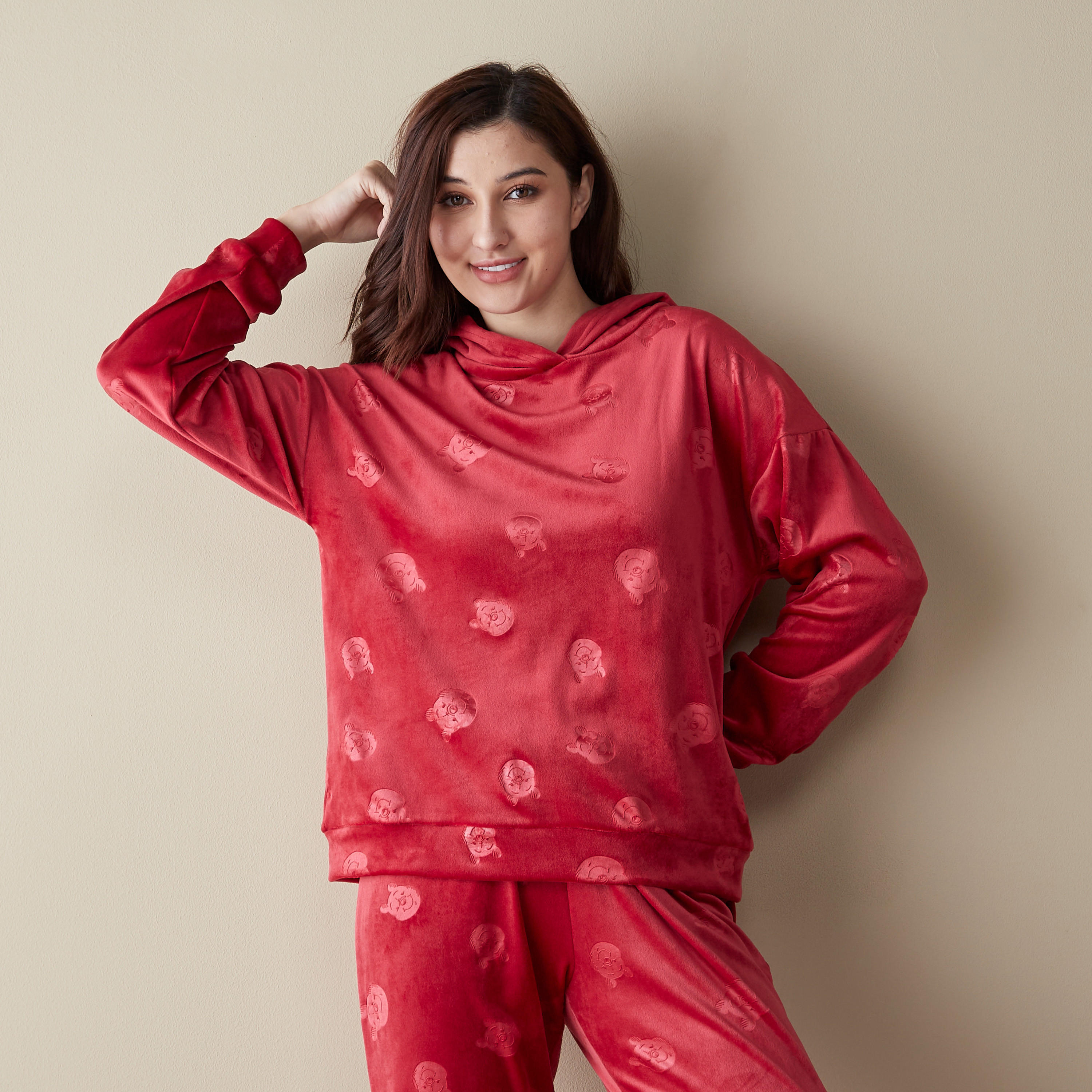 طقم بيجاما بأكمام بأكتاف منسدلة وسويت شيرت بارز الملمس بقبعة-women-clothing-nightwear-pyjamas-longsets-image-3