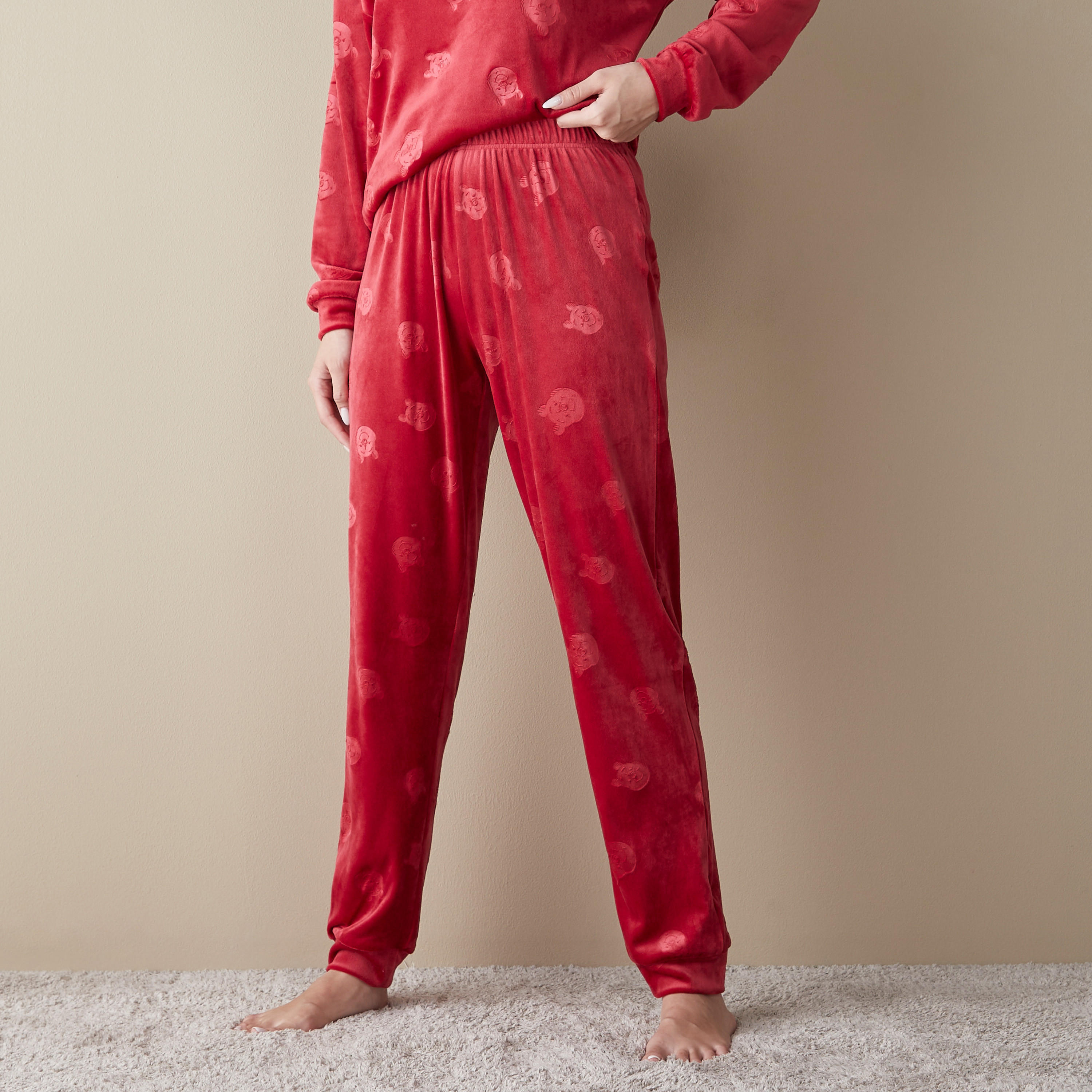 طقم بيجاما بأكمام بأكتاف منسدلة وسويت شيرت بارز الملمس بقبعة-women-clothing-nightwear-pyjamas-longsets-image-4