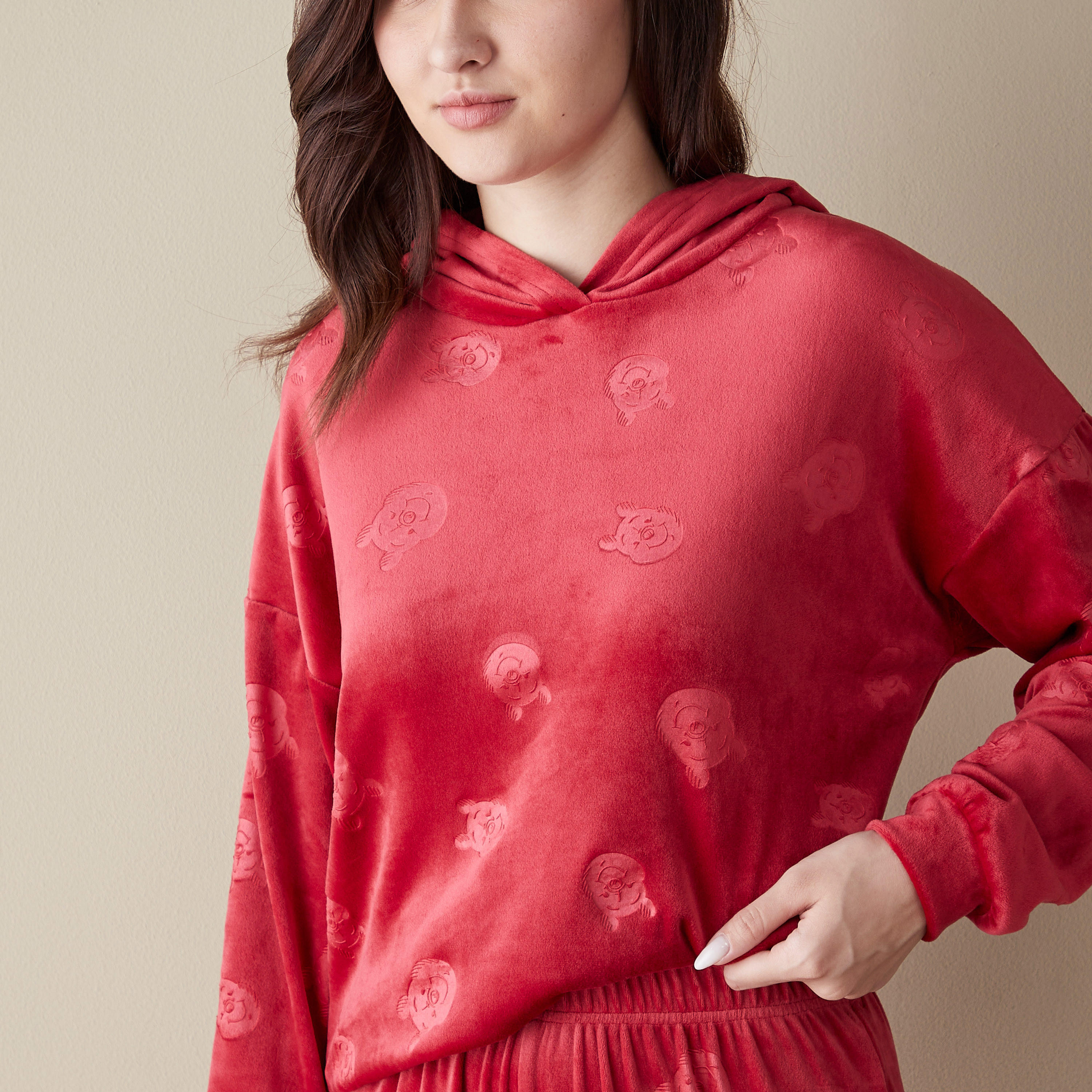 طقم بيجاما بأكمام بأكتاف منسدلة وسويت شيرت بارز الملمس بقبعة-women-clothing-nightwear-pyjamas-longsets-image-5