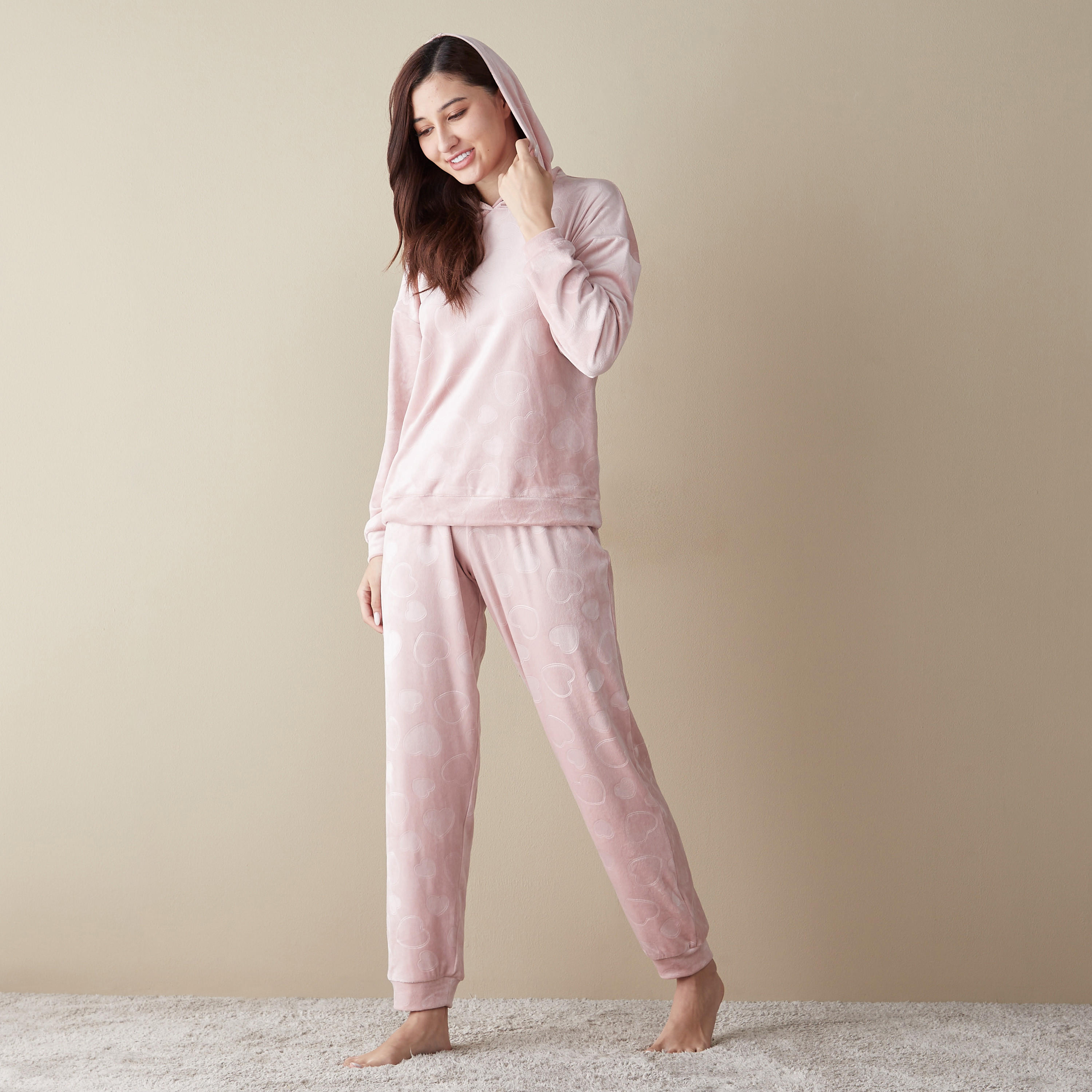 طقم بنطلون بيجاما وتيشيرت بارز الملمس بقبعة-women-clothing-nightwear-pyjamas-longsets-image-1