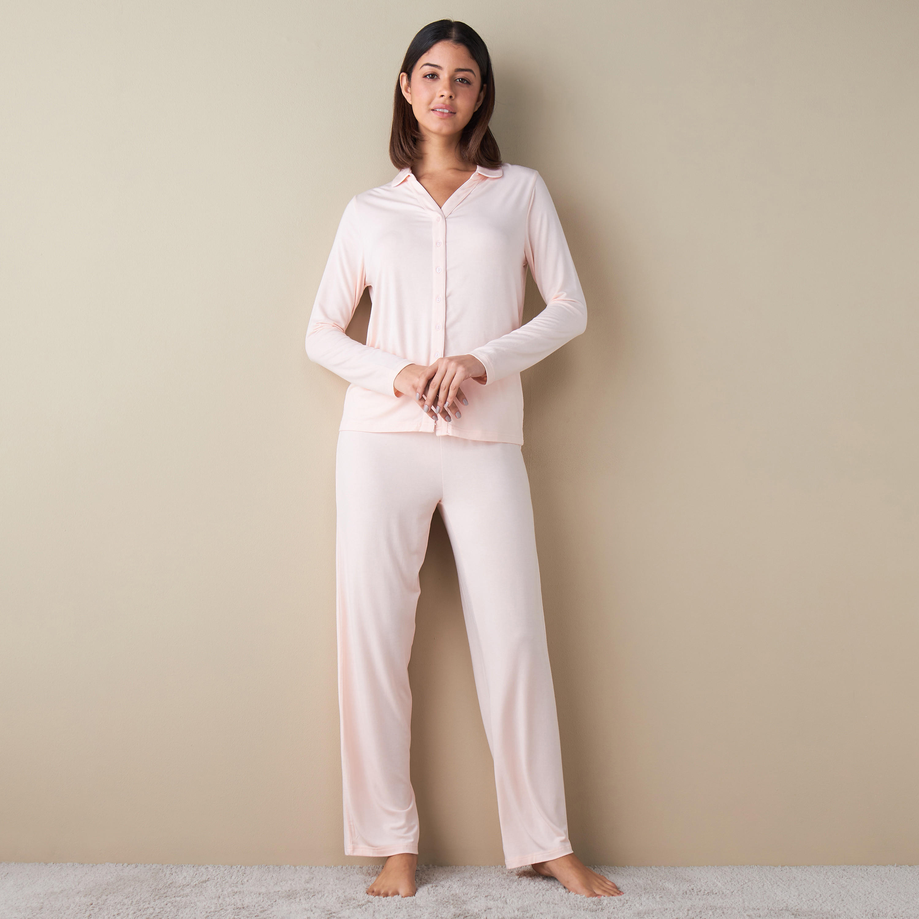 طقم بنطلون بيجاما وقميص سادة بأكمام طويلة-women-clothing-nightwear-pyjamas-longsets-image-5