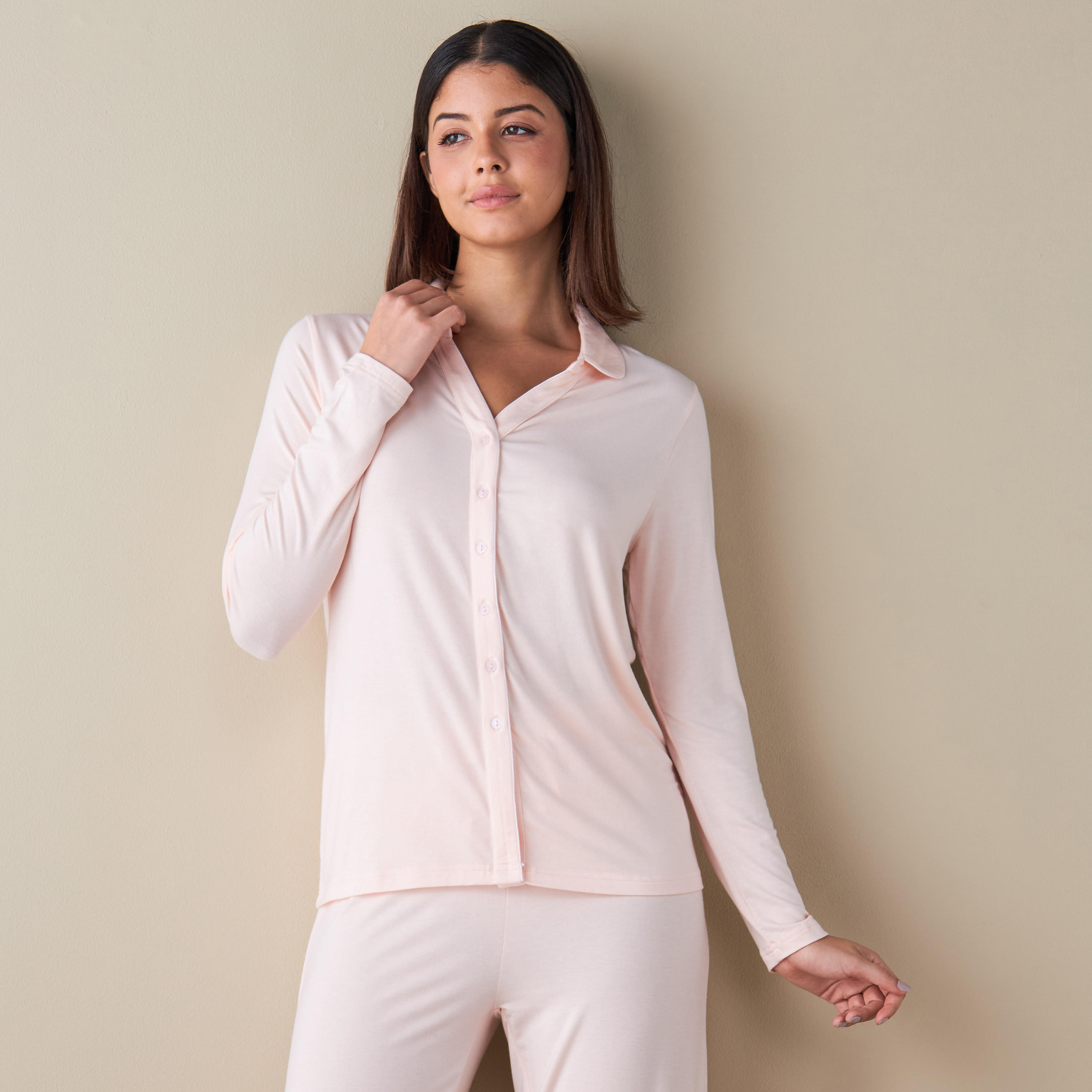 طقم بنطلون بيجاما وقميص سادة بأكمام طويلة-women-clothing-nightwear-pyjamas-longsets-image-3