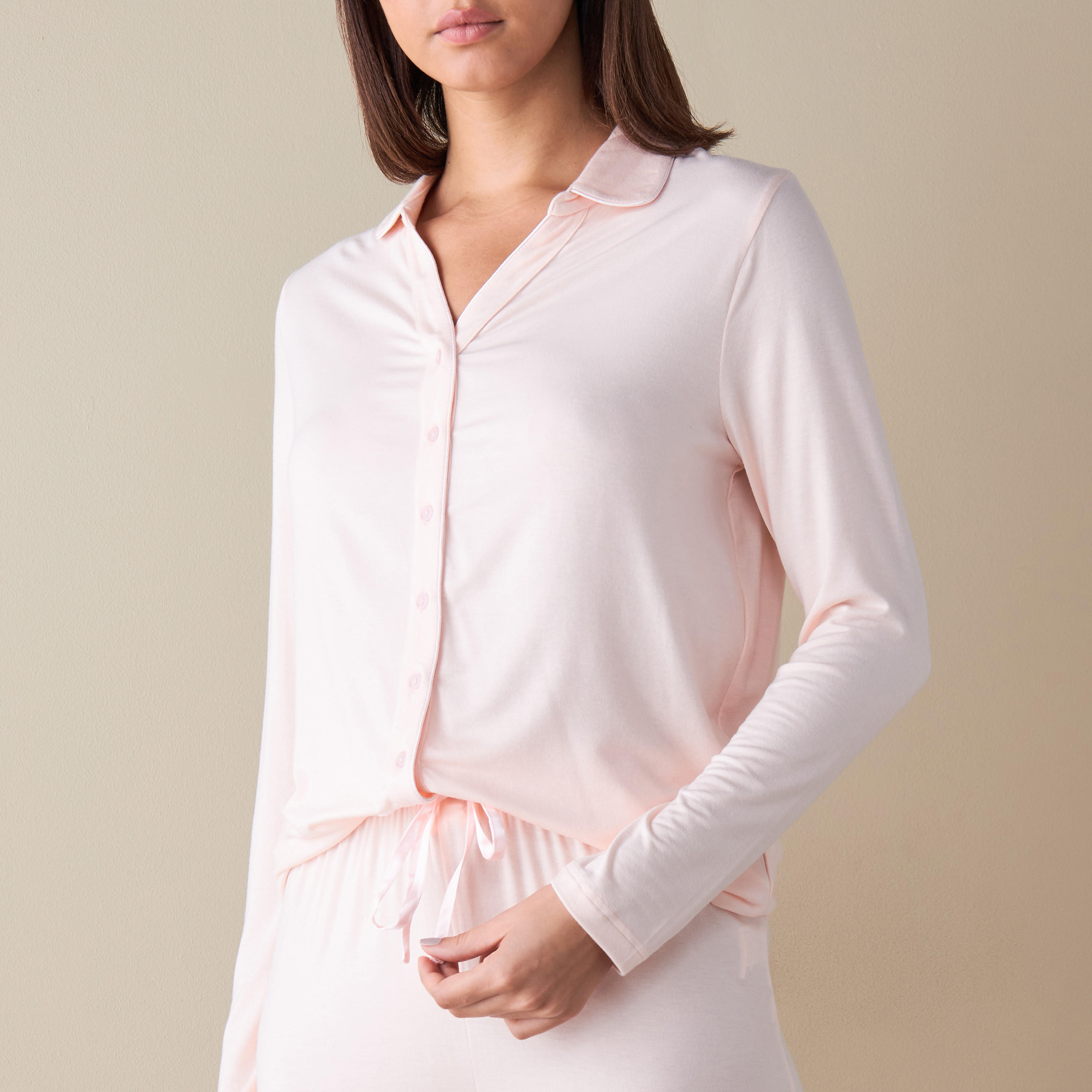 طقم بنطلون بيجاما وقميص سادة بأكمام طويلة-women-clothing-nightwear-pyjamas-longsets-image-1