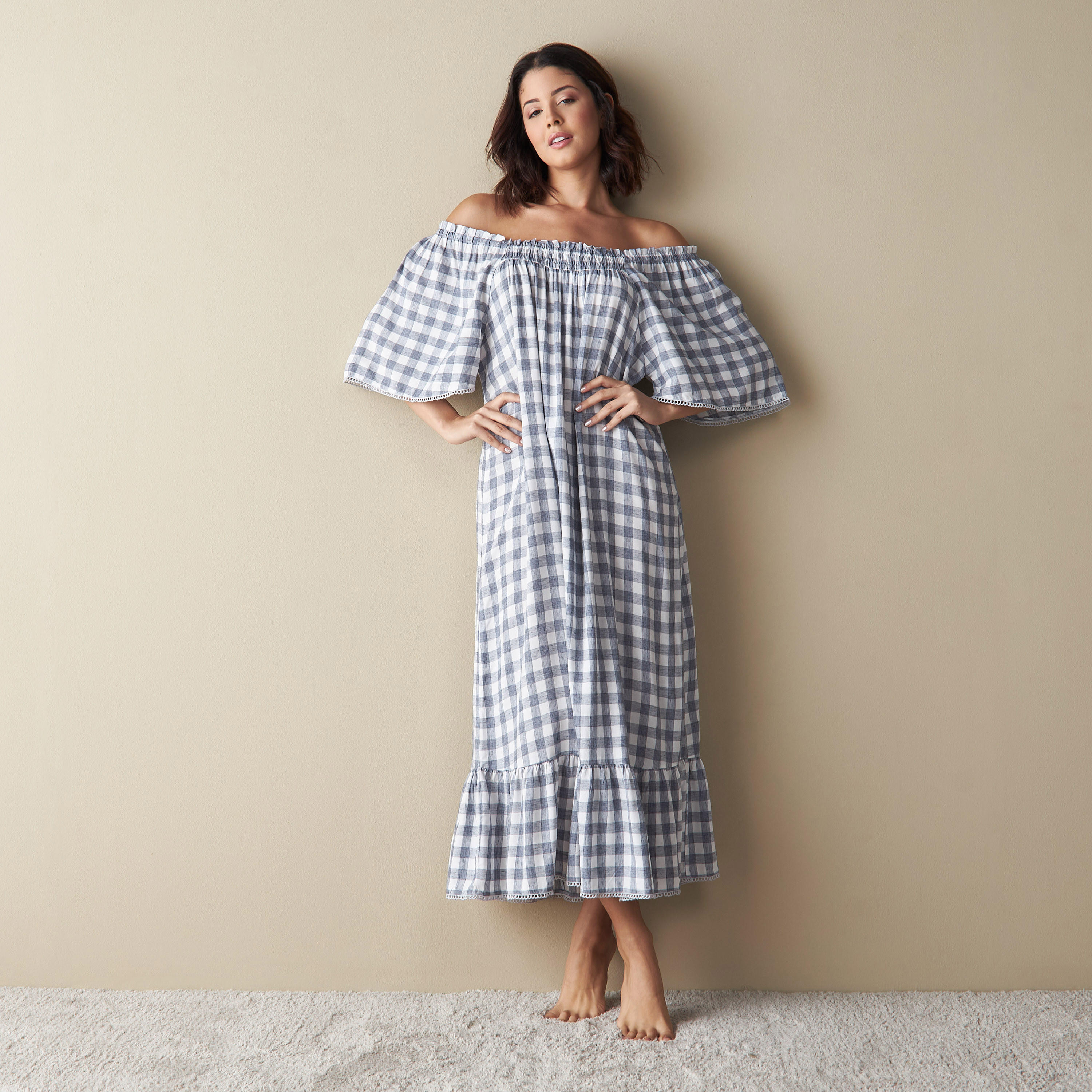 All-Over Checked Off Shoulder Night Gown-women-clothing-nightwear-nighties-image-1