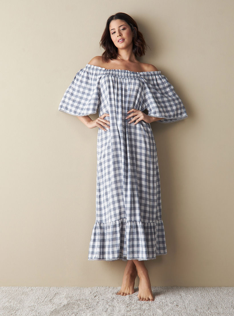 All-Over Checked Off Shoulder Night Gown-women-clothing-nightwear-nighties-image-1