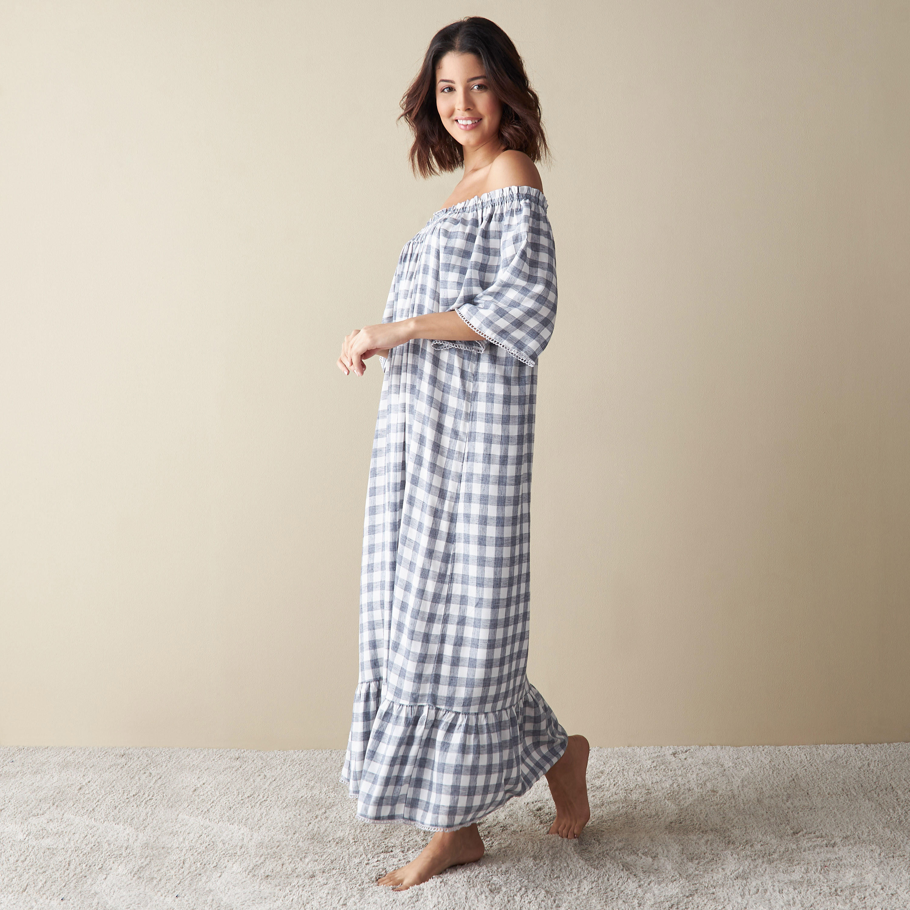 All-Over Checked Off Shoulder Night Gown-women-clothing-nightwear-nighties-image-2