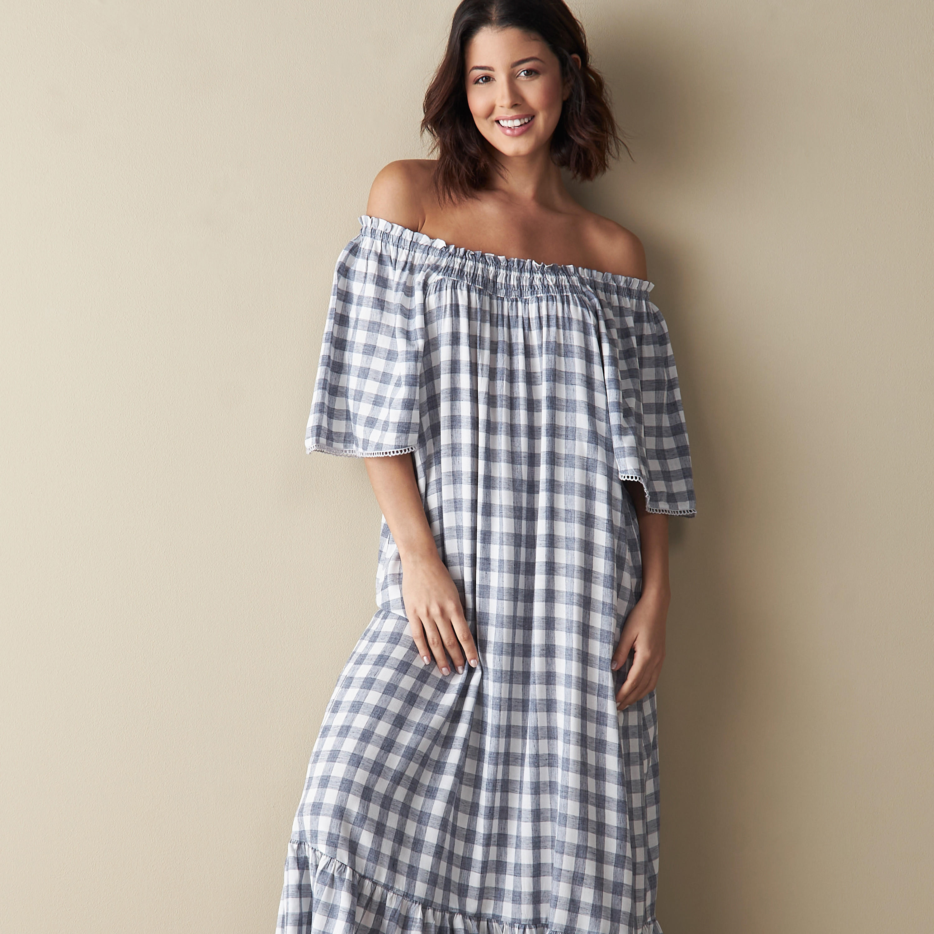 All-Over Checked Off Shoulder Night Gown-women-clothing-nightwear-nighties-image-4