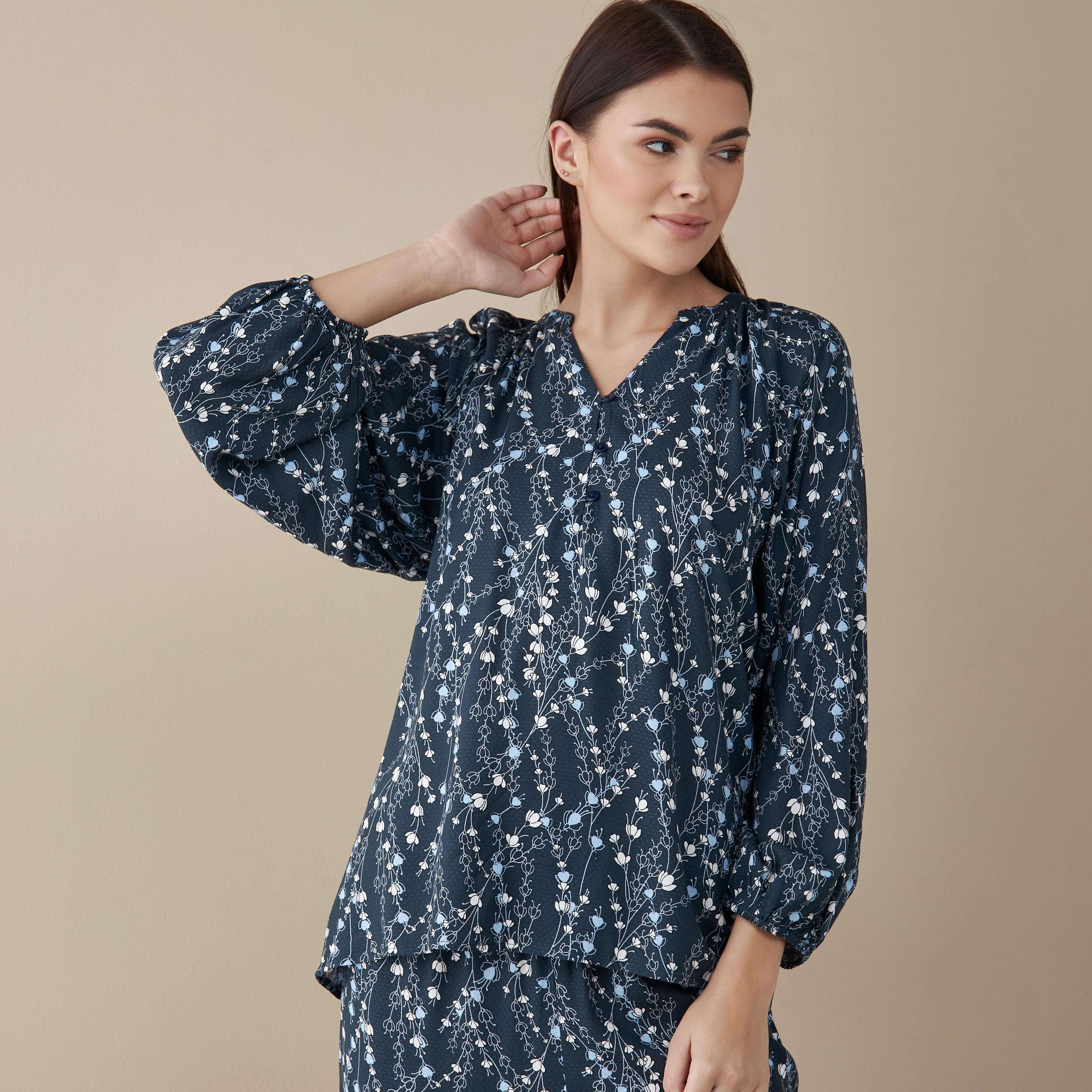 طقم بنطلون بيجاما وبلوزة بطبعات زهرية-women-clothing-nightwear-pyjamas-longsets-image-3