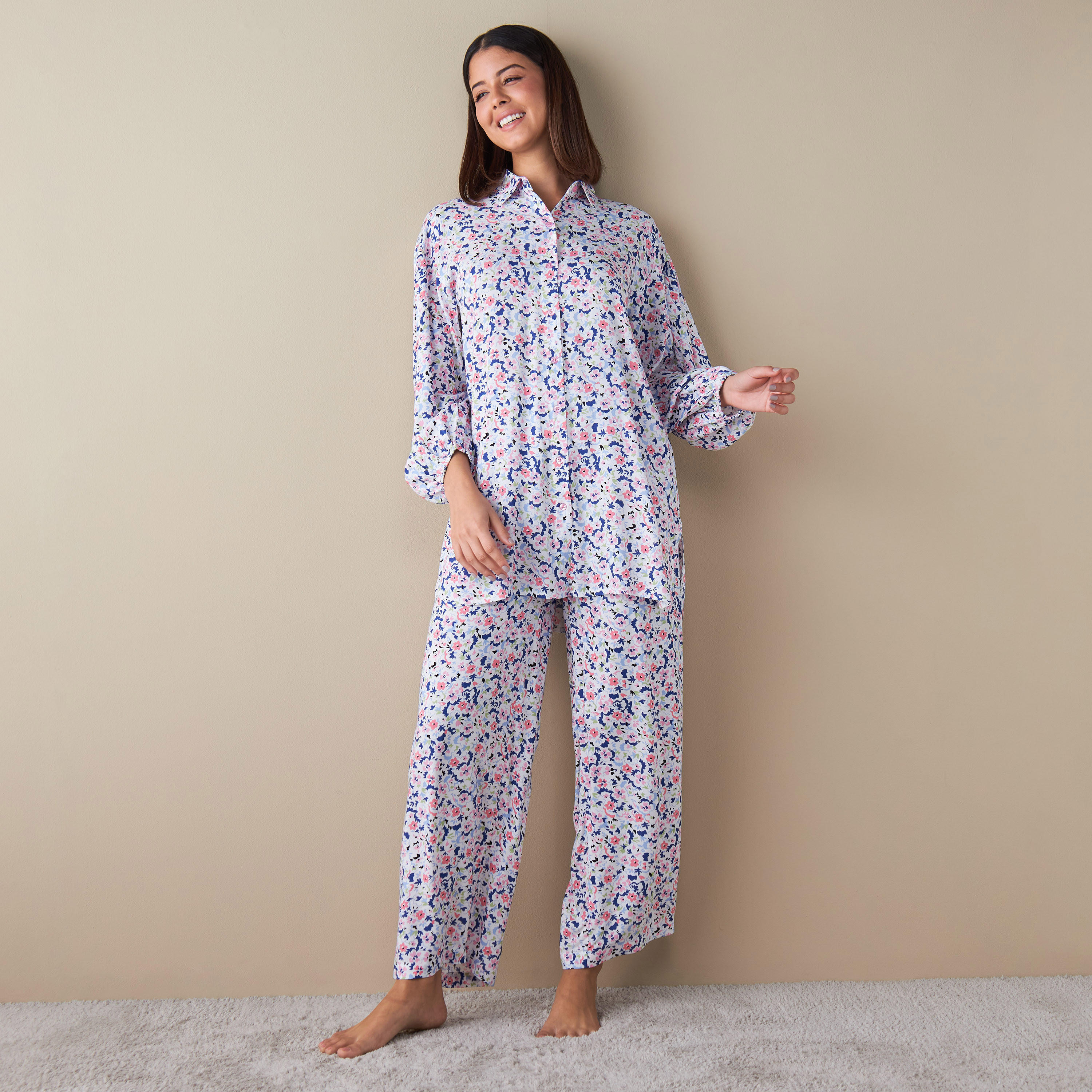 All-Over Floral Print Shirt and Pyjama Set-women-clothing-nightwear-pyjamas-longsets-image-1