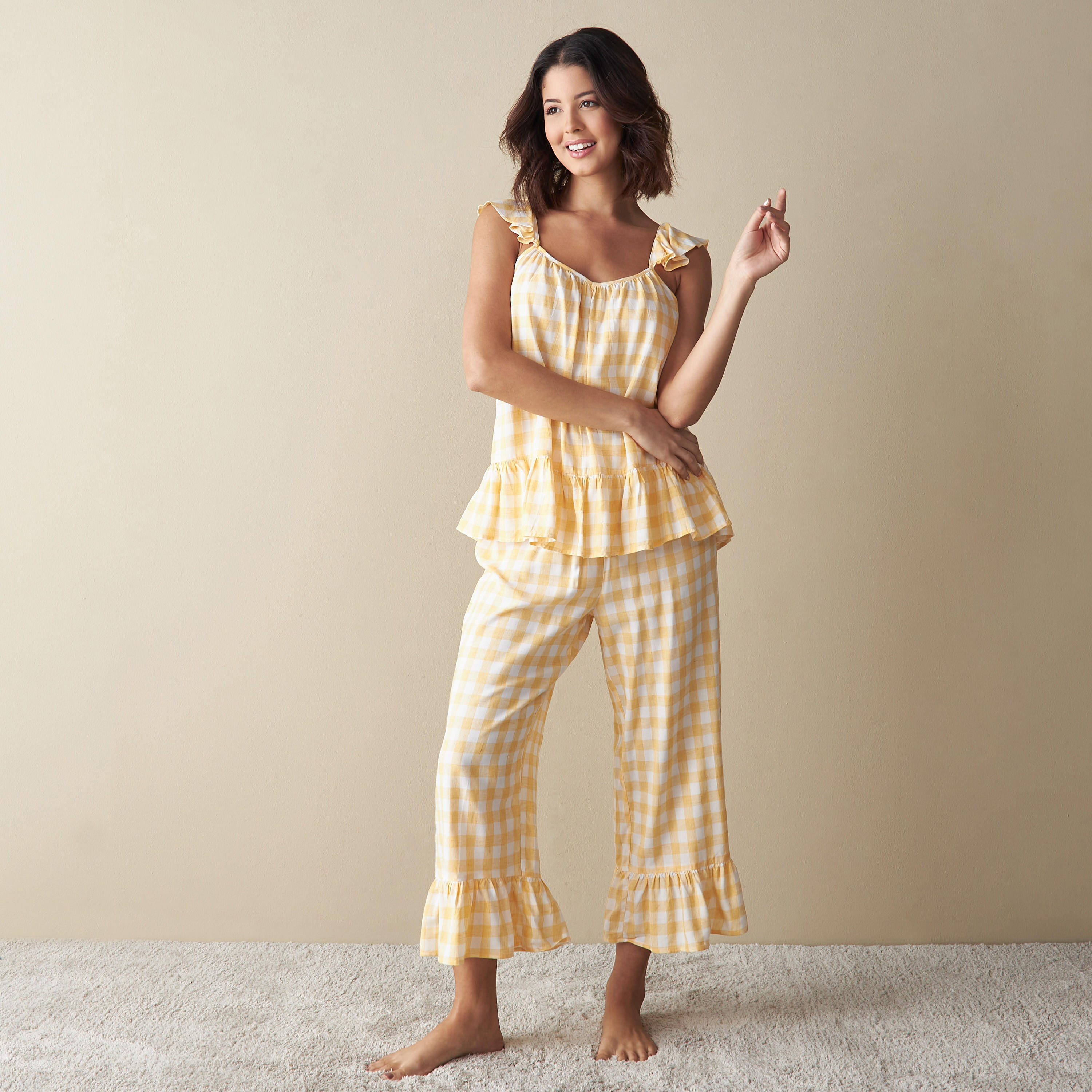 طقم بنطلون بيجاما وبلوزة كاروهات دون أكمام-women-clothing-nightwear-pyjamas-longsets-image-5