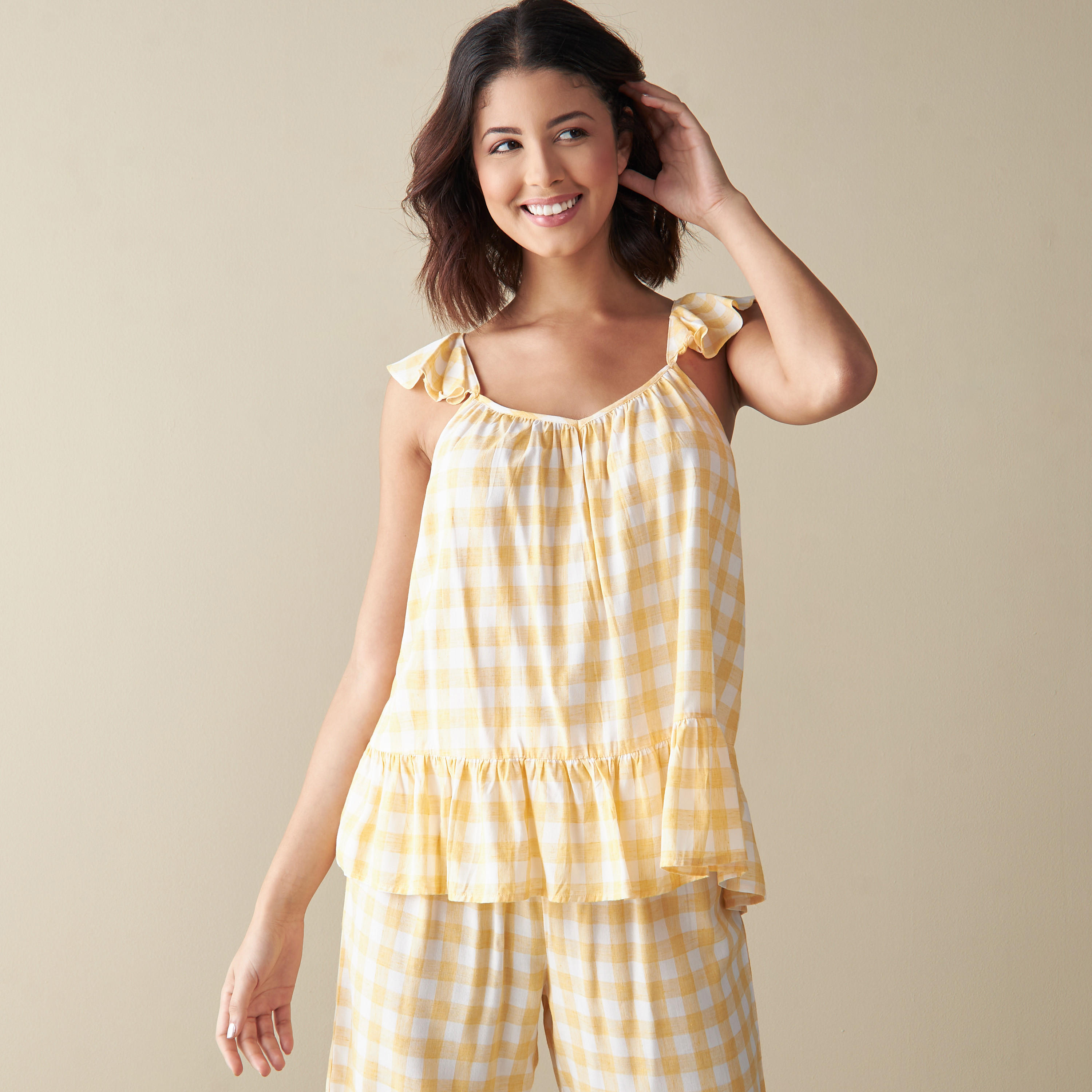 طقم بنطلون بيجاما وبلوزة كاروهات دون أكمام-women-clothing-nightwear-pyjamas-longsets-image-4