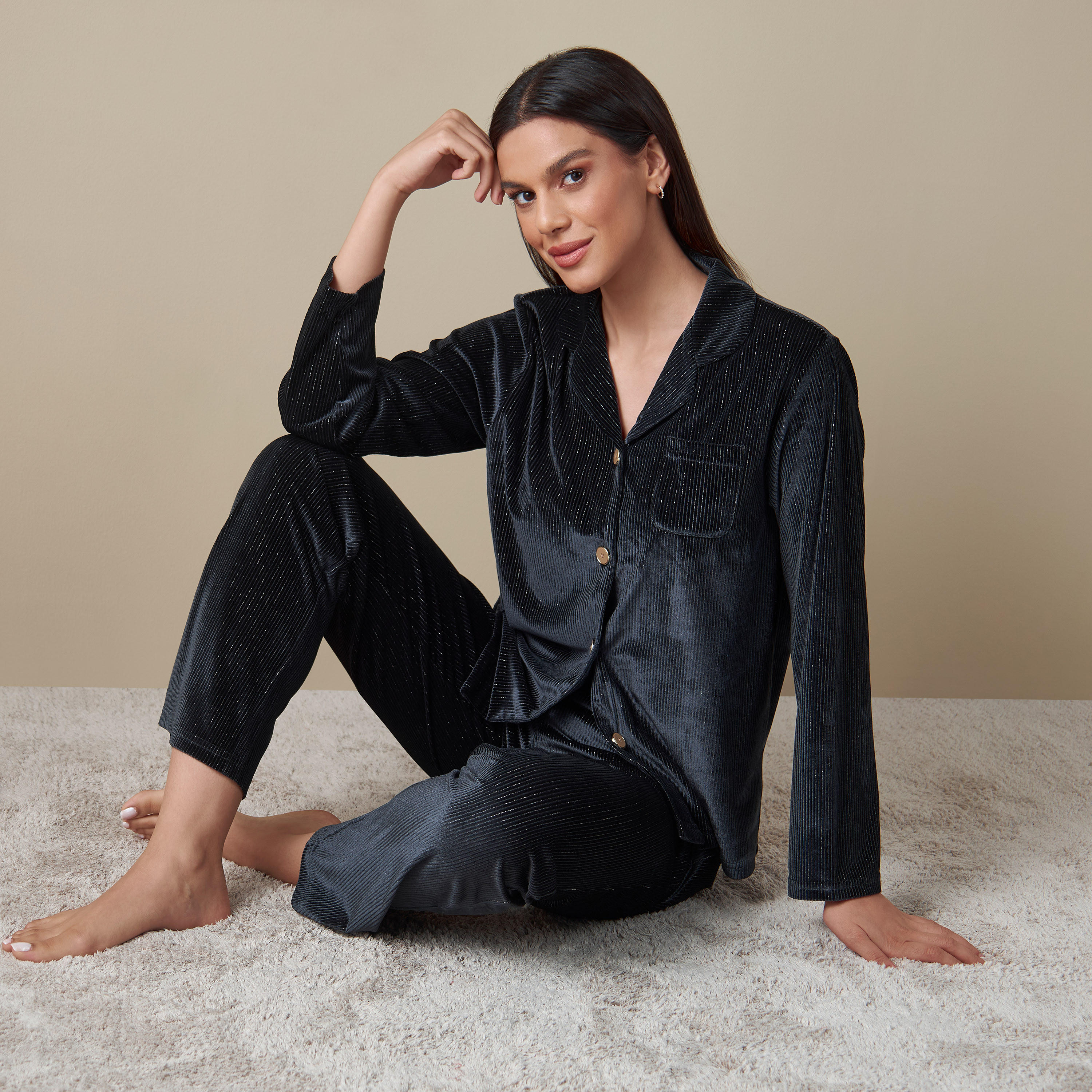 طقم بنطلون بيجاما وقميص بارز الملمس بأكمام طويلة-women-clothing-nightwear-pyjamas-longsets-image-1