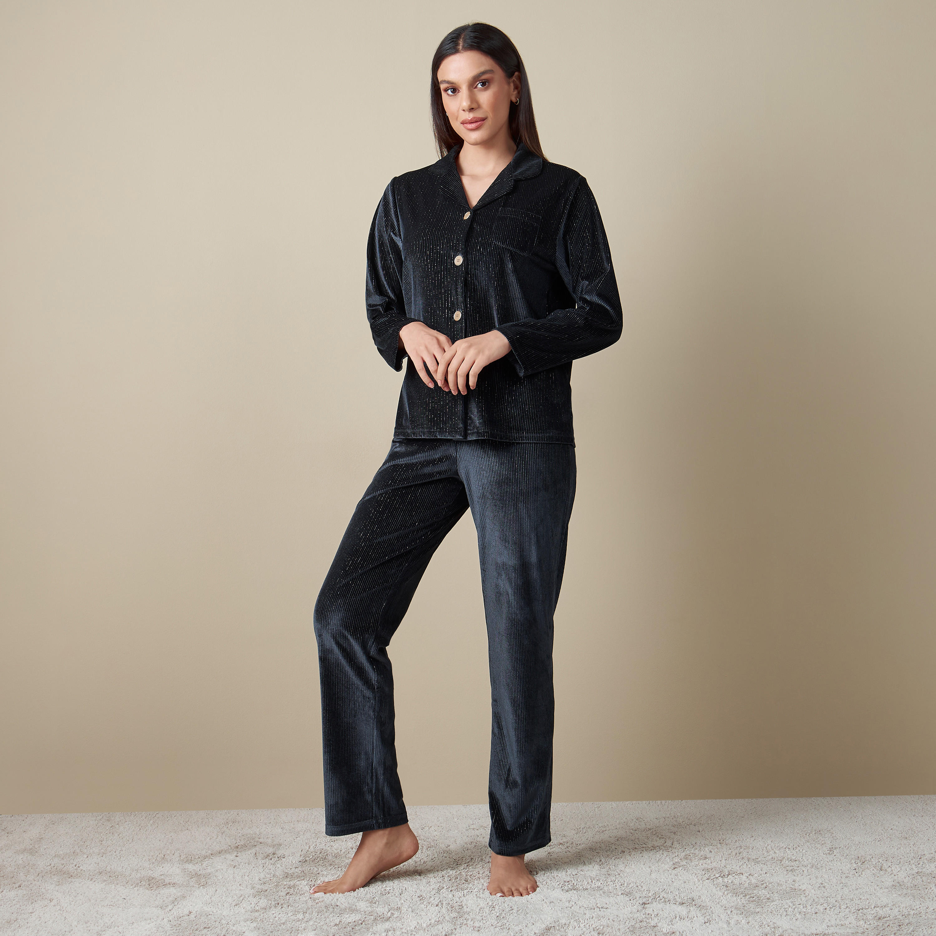 طقم بنطلون بيجاما وقميص بارز الملمس بأكمام طويلة-women-clothing-nightwear-pyjamas-longsets-image-2