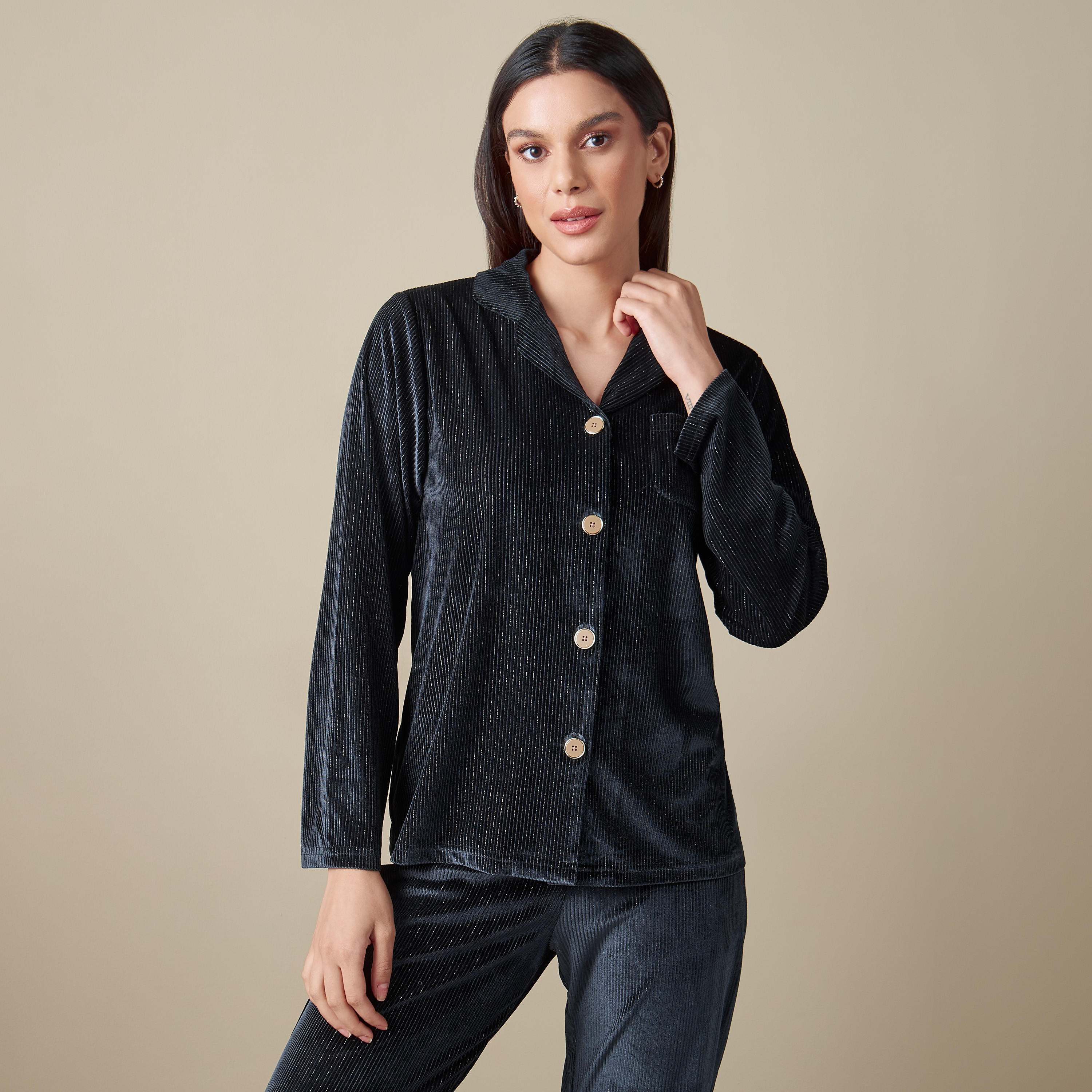 طقم بنطلون بيجاما وقميص بارز الملمس بأكمام طويلة-women-clothing-nightwear-pyjamas-longsets-image-4