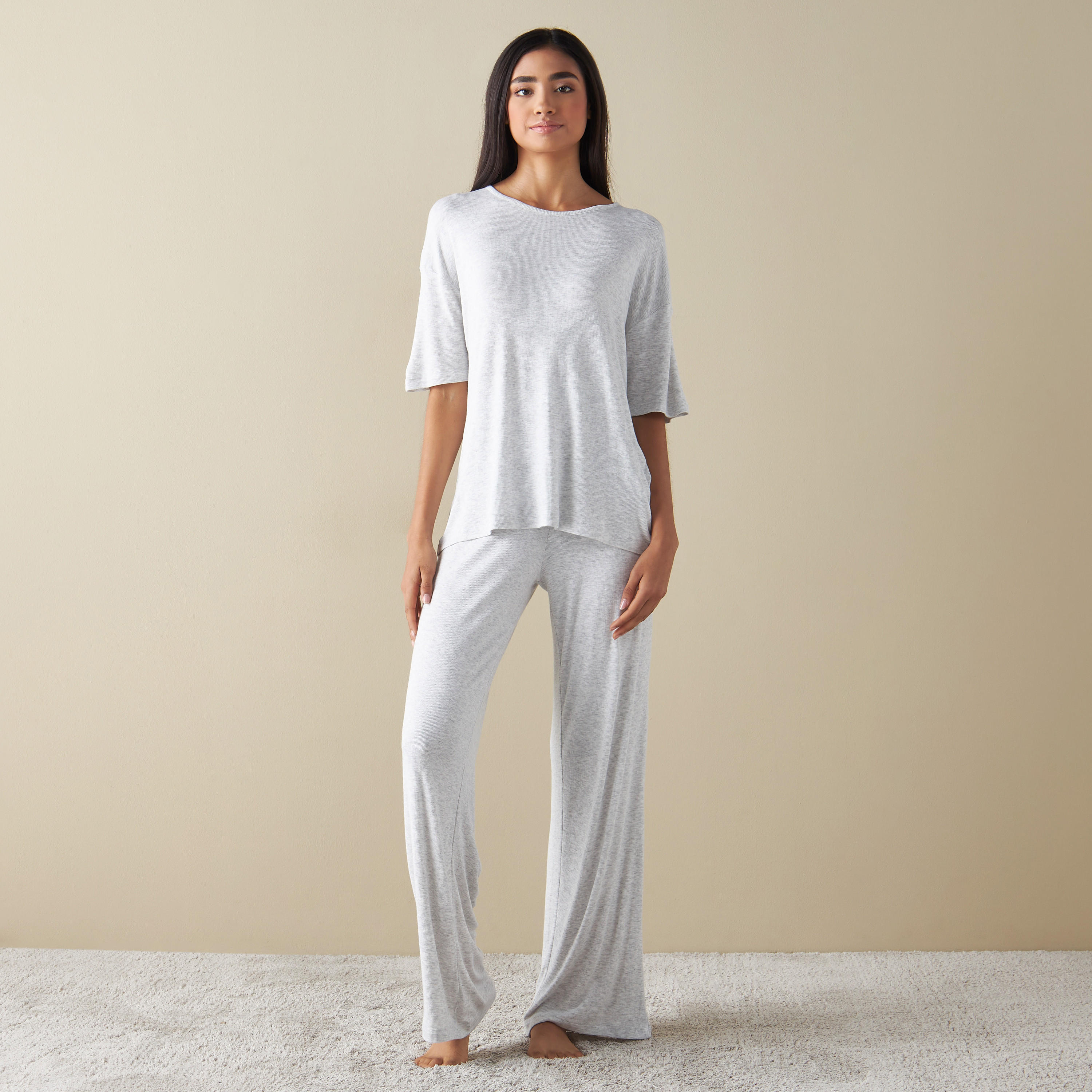 طقم بنطلون وتيشيرت بارز الملمس بأكمام منسدلة-women-clothing-nightwear-pyjamas-longsets-image-5