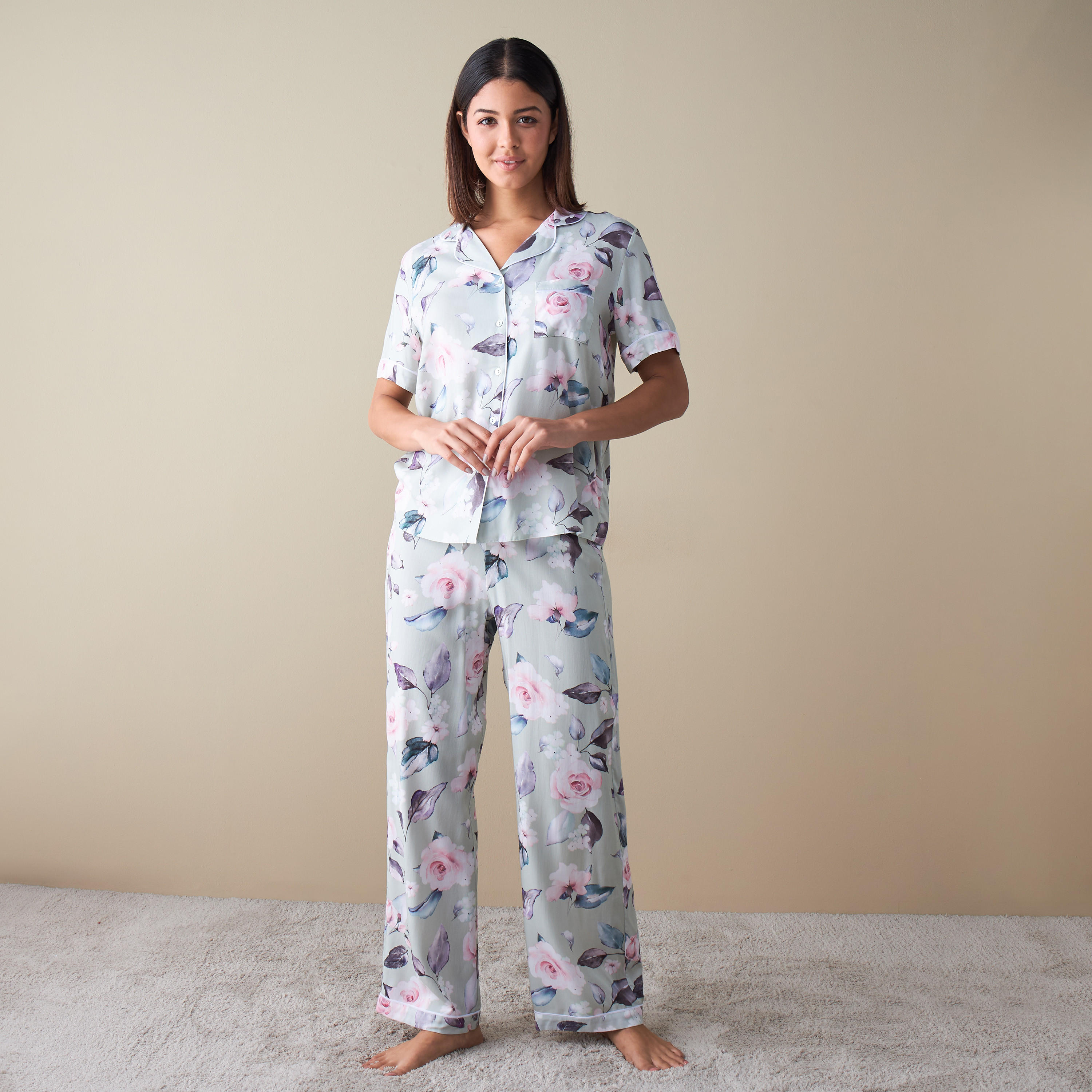 طقم بنطلون بيجاما وقميص بطبعات أزهار-women-clothing-nightwear-pyjamas-longsets-image-1