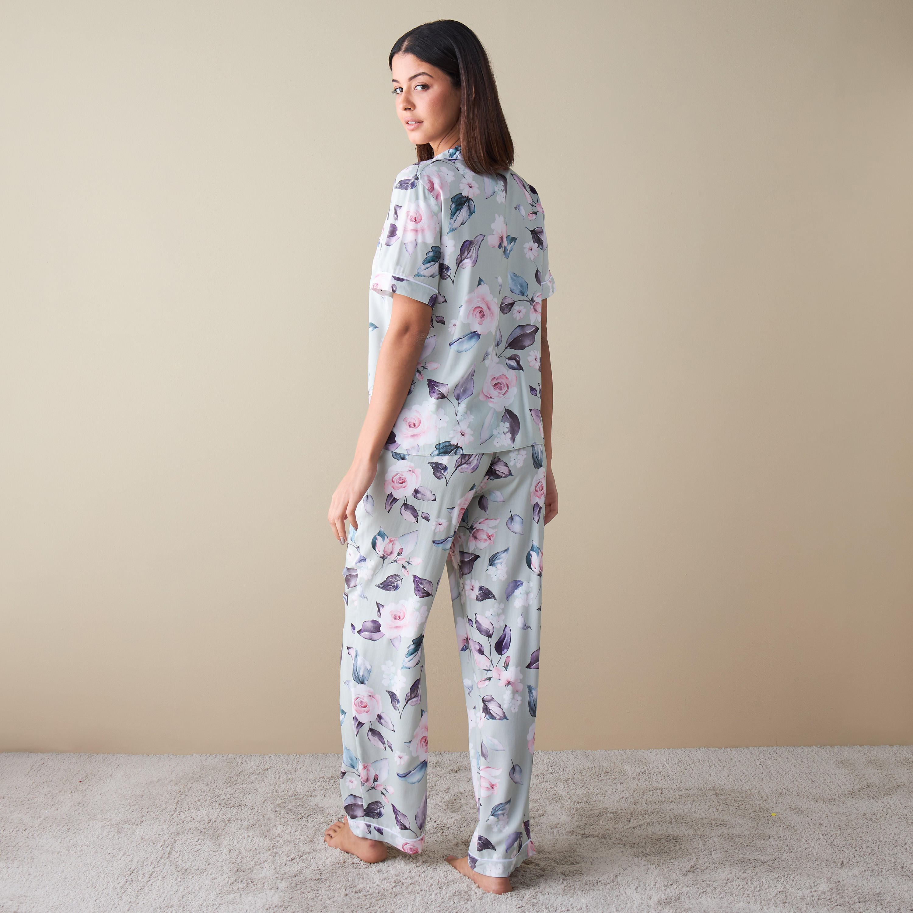 طقم بنطلون بيجاما وقميص بطبعات أزهار-women-clothing-nightwear-pyjamas-longsets-image-2