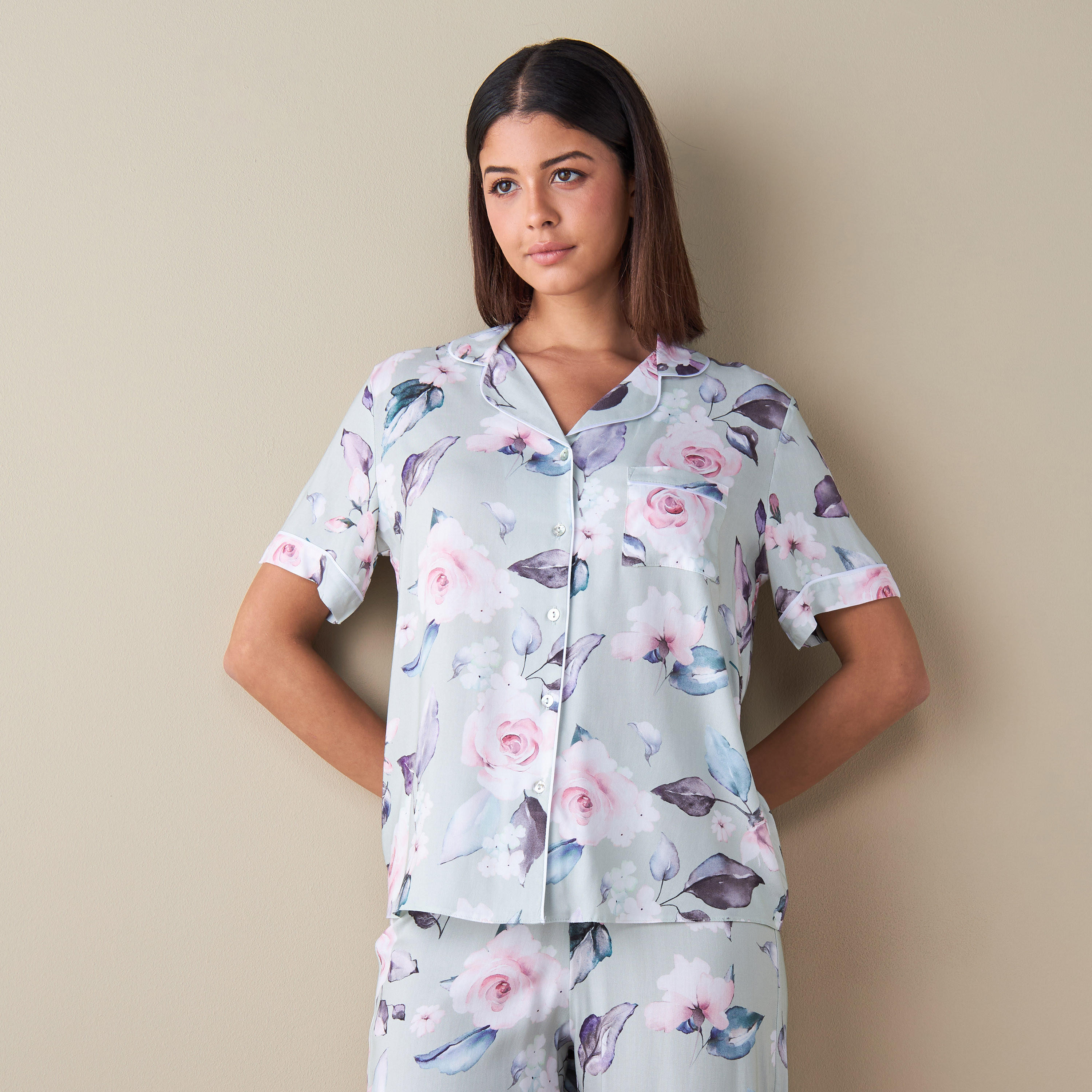 طقم بنطلون بيجاما وقميص بطبعات أزهار-women-clothing-nightwear-pyjamas-longsets-image-3