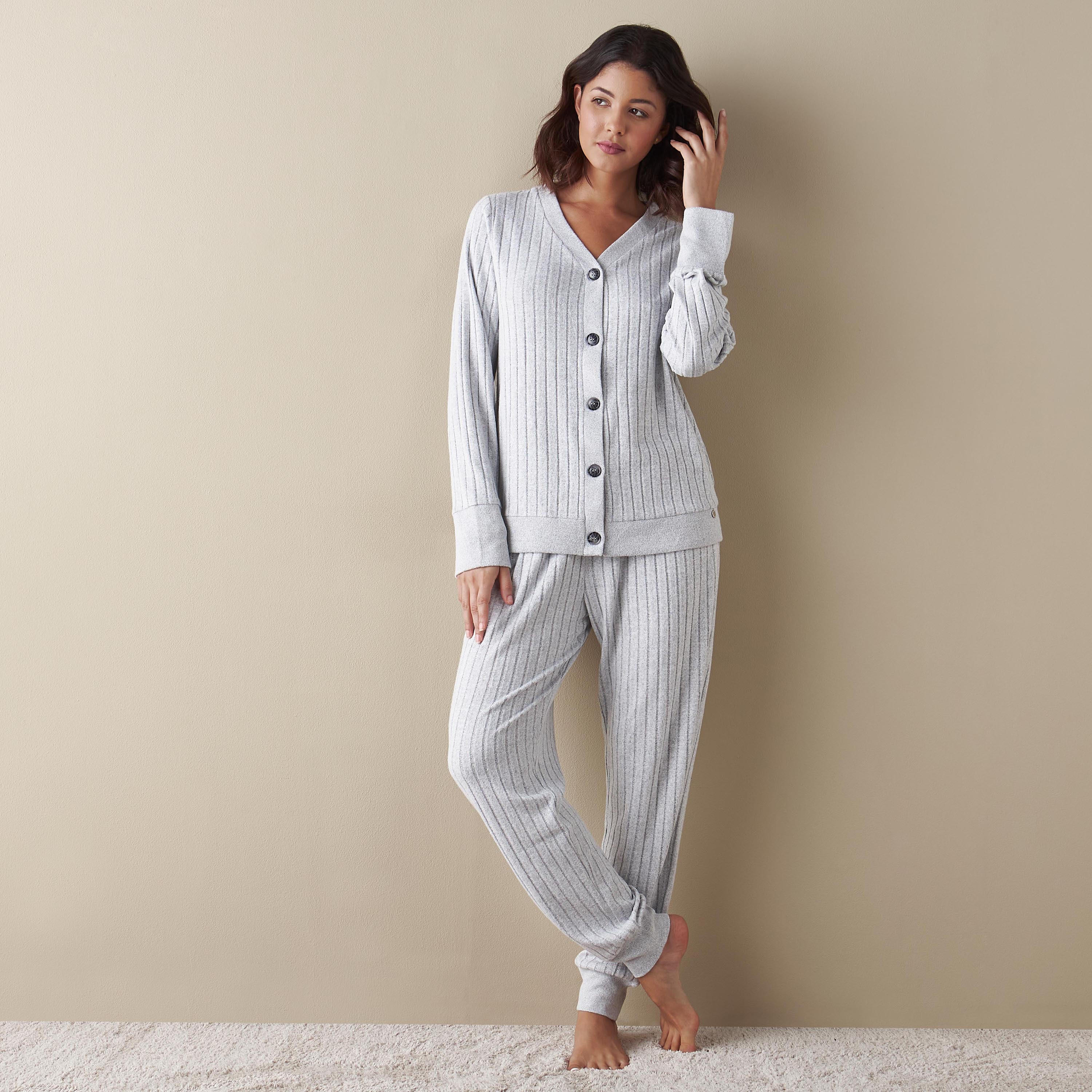 Ribbed Button Through Top and Pyjama Set-women-clothing-nightwear-pyjamas-longsets-image-1