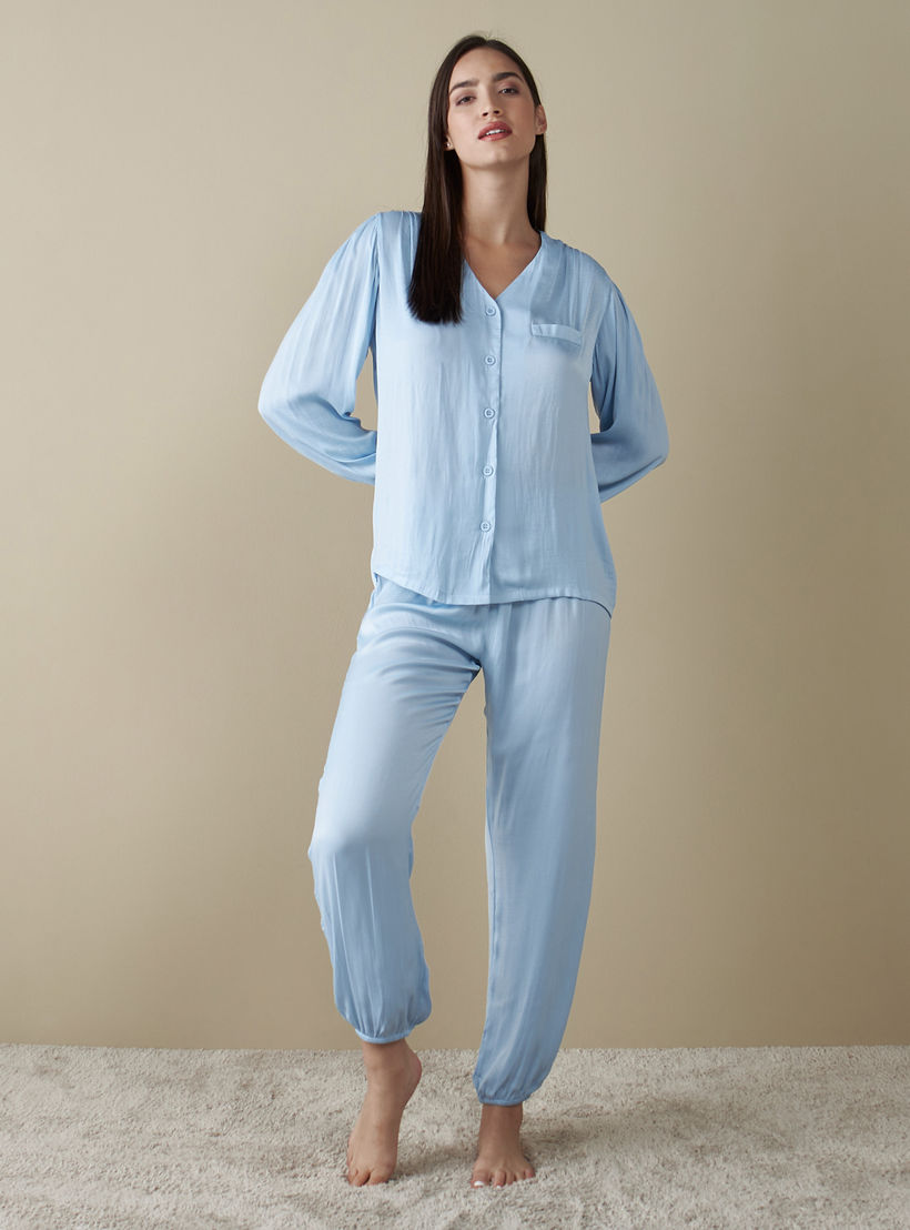 طقم بنطلون بيجاما وبلوزة سادة بياقة V-women-clothing-nightwear-pyjamas-longsets-image-4