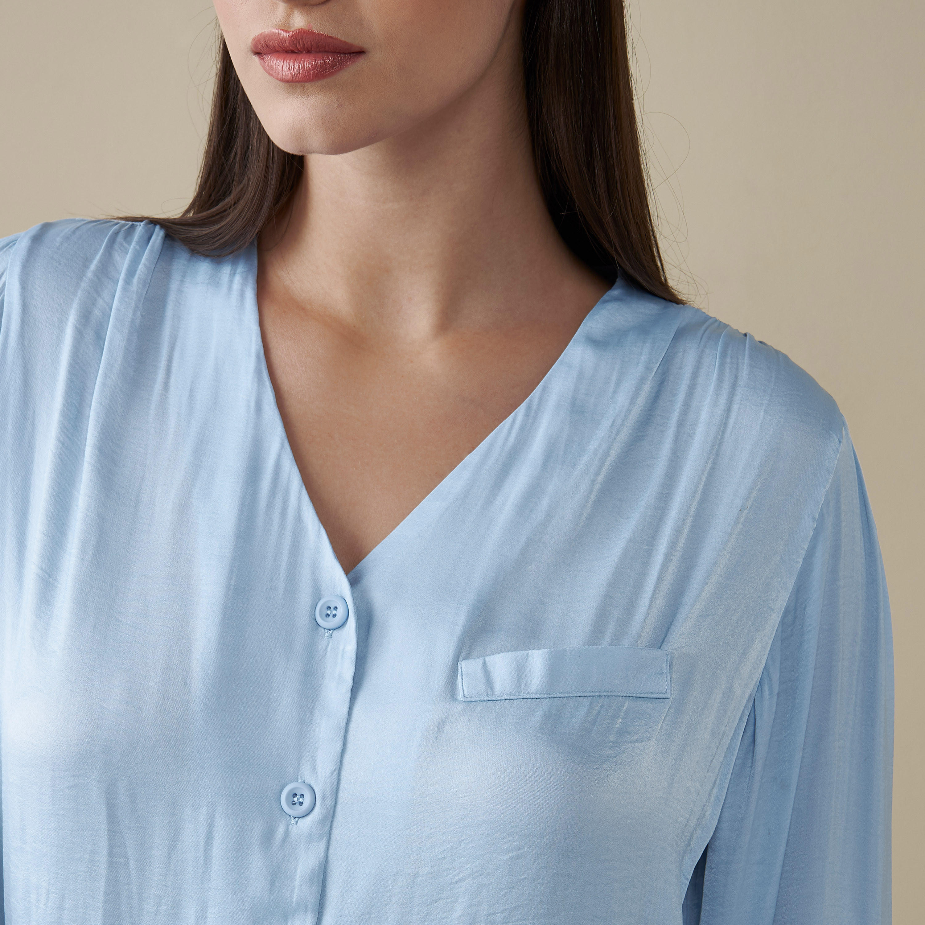 طقم بنطلون بيجاما وبلوزة سادة بياقة V-women-clothing-nightwear-pyjamas-longsets-image-1
