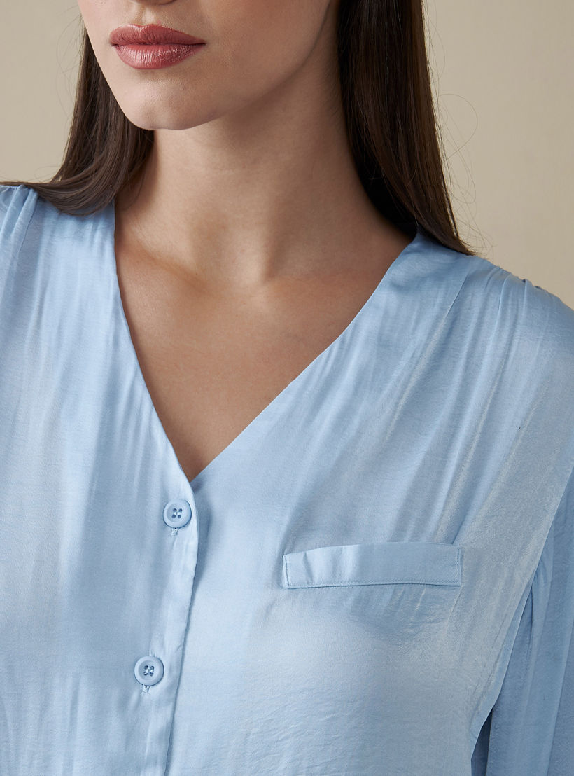 طقم بنطلون بيجاما وبلوزة سادة بياقة V-women-clothing-nightwear-pyjamas-longsets-image-1