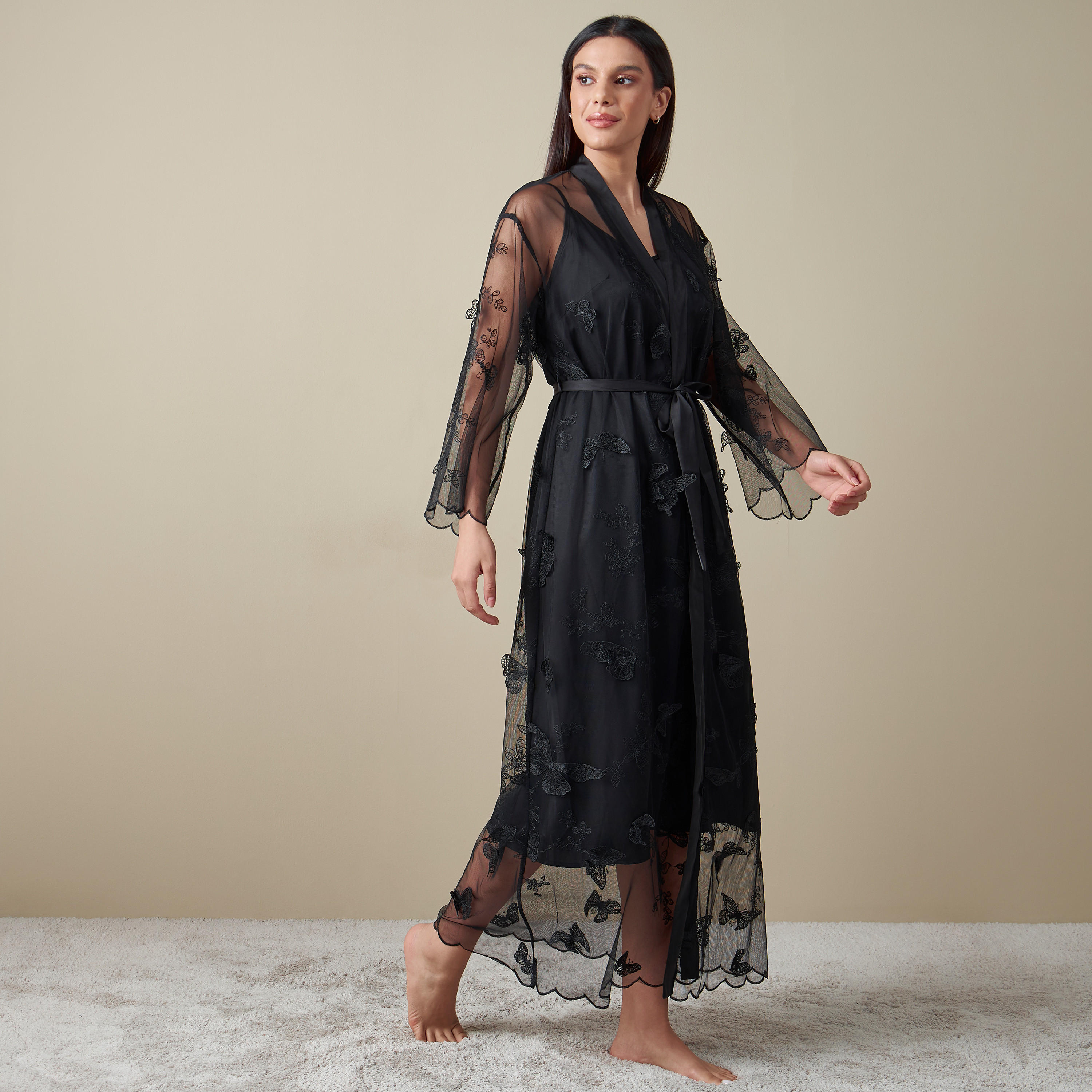 Lace Detail Robe with Tie-Up Belt-women-clothing-nightwear-robes-image-1