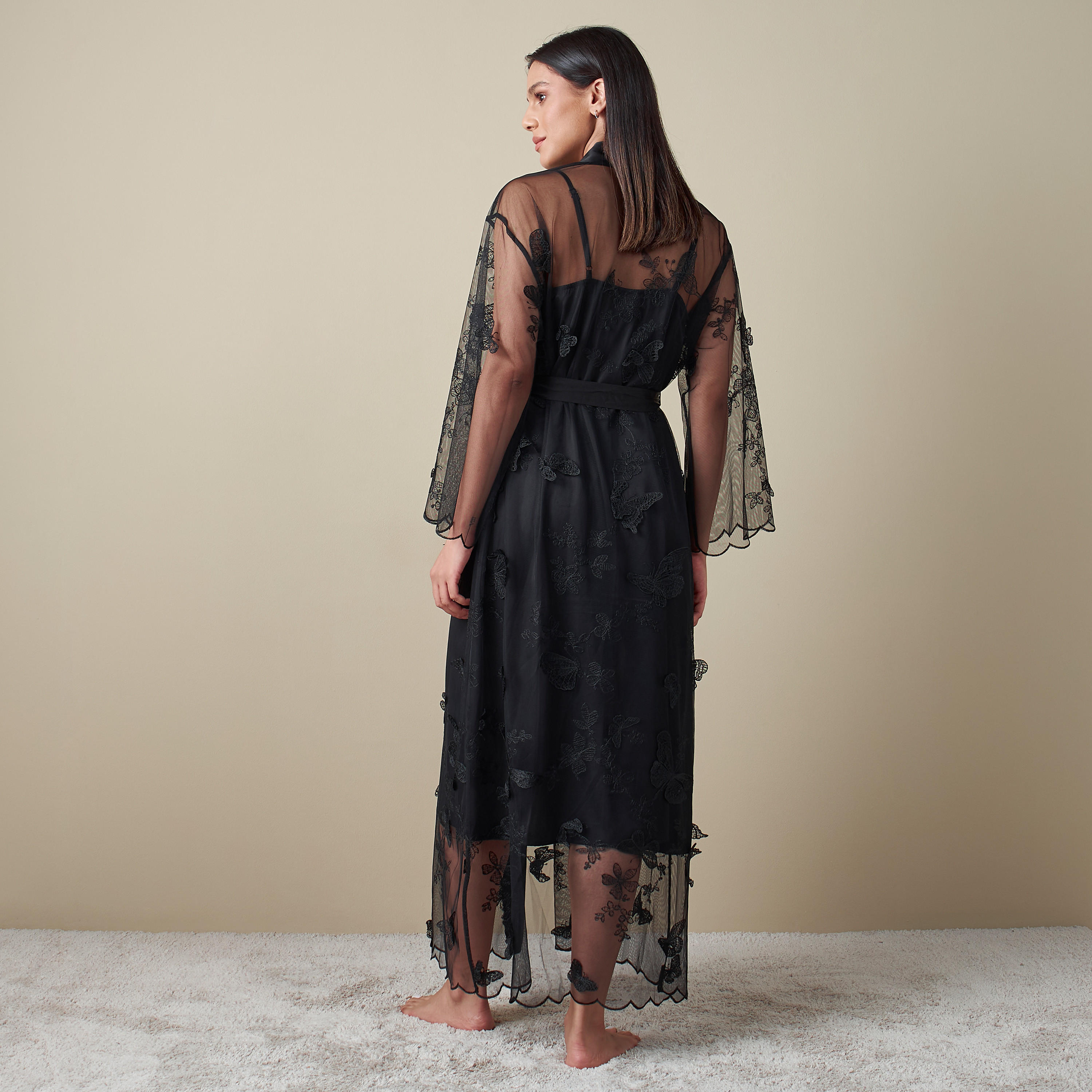 Lace Detail Robe with Tie-Up Belt-women-clothing-nightwear-robes-image-2