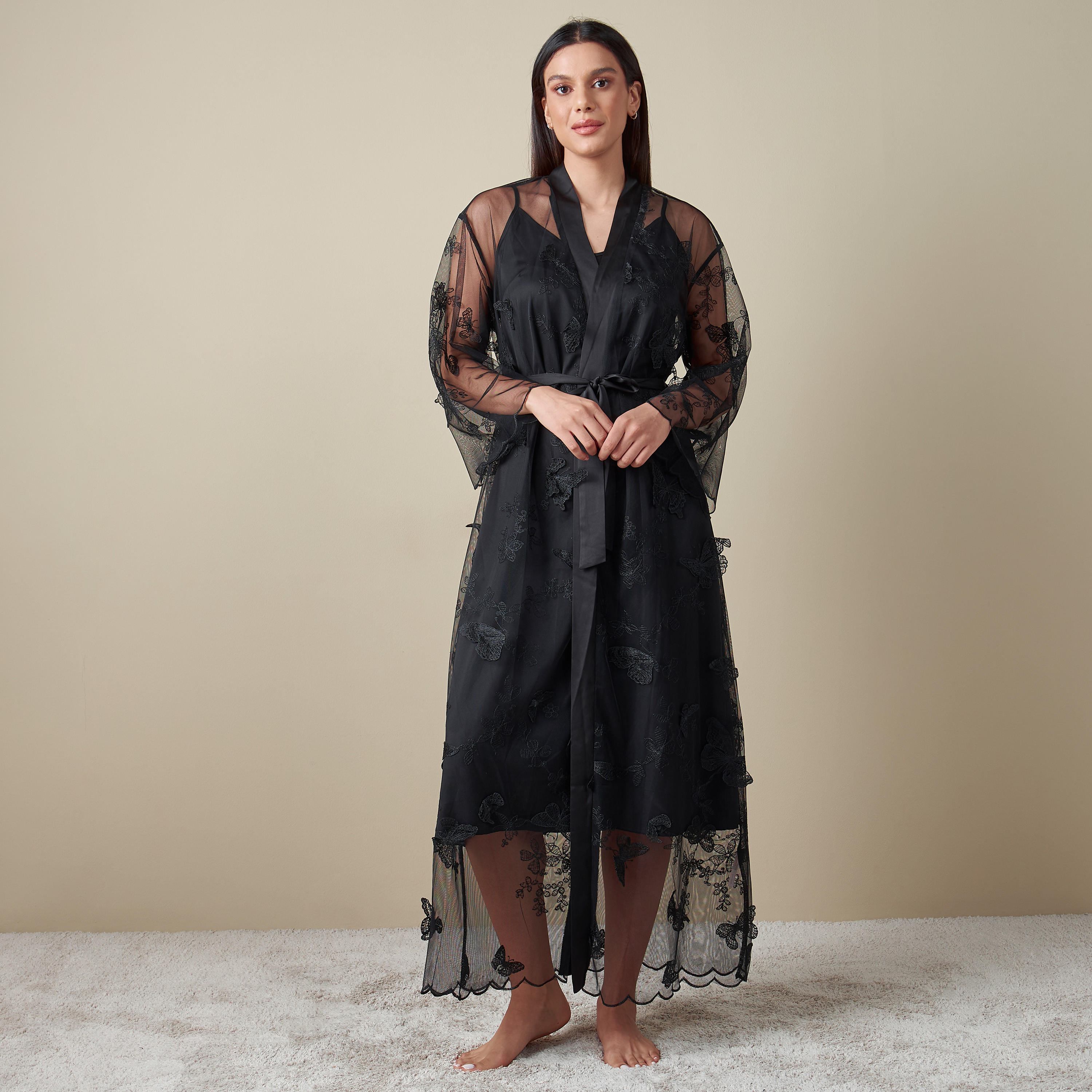 Lace Detail Robe with Tie-Up Belt-women-clothing-nightwear-robes-image-3