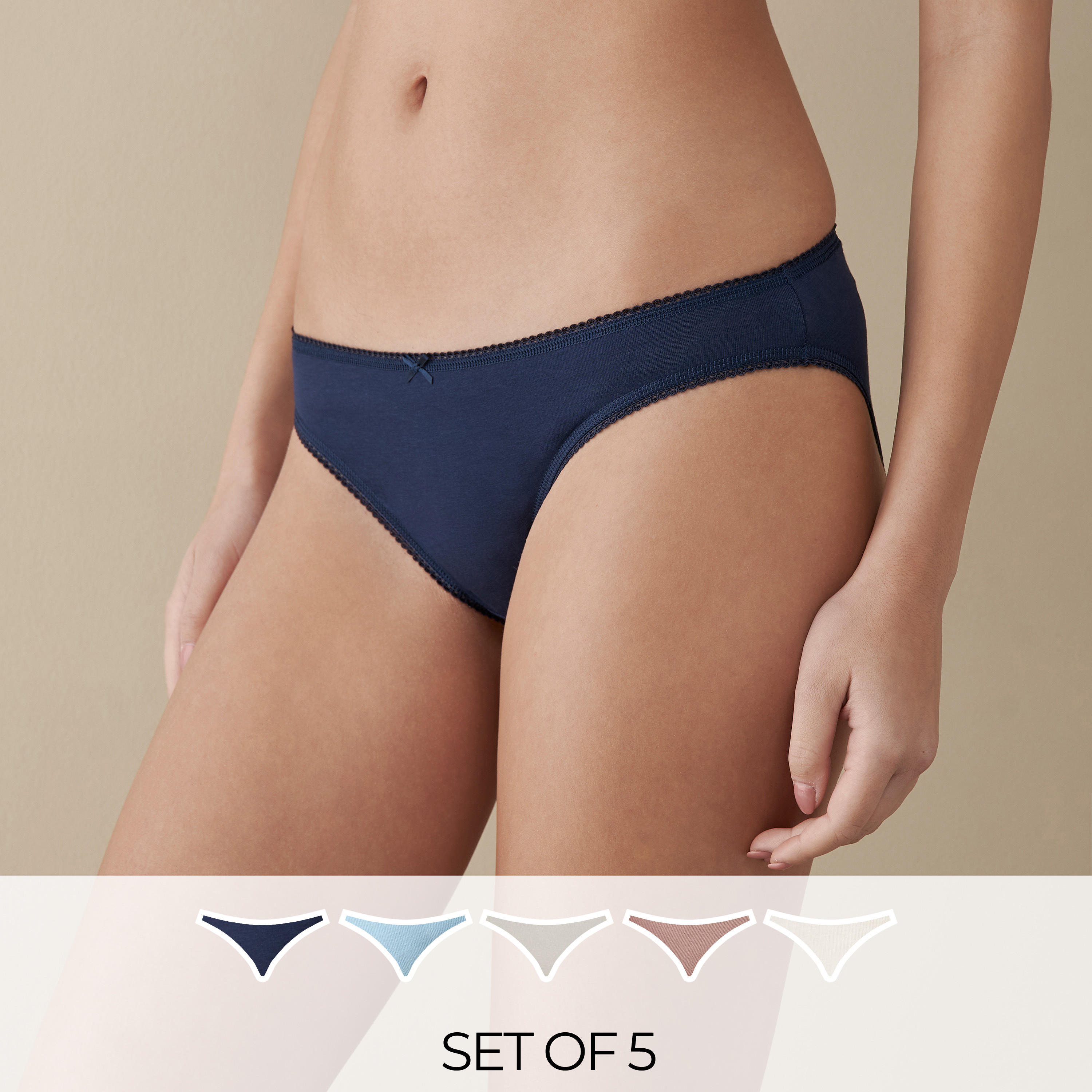 طقم سراويل داخلية بكيني سادة بزينة فيونكة - طقم من 5-women-clothing-lingerie-panties-image-1