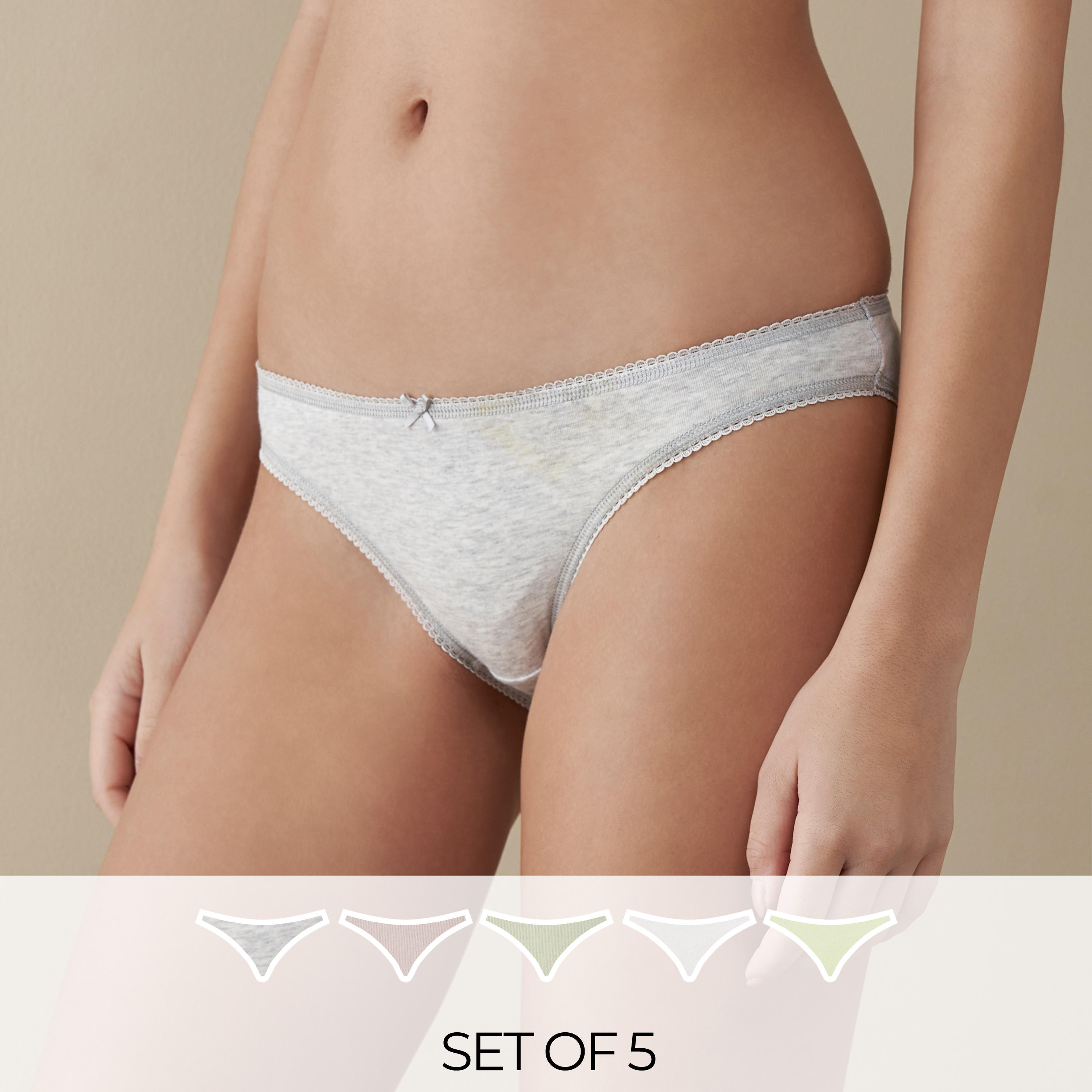 طقم سراويل داخلية سادة بخصر منخفض وفيونكة - طقم من 5-women-clothing-lingerie-panties-image-1